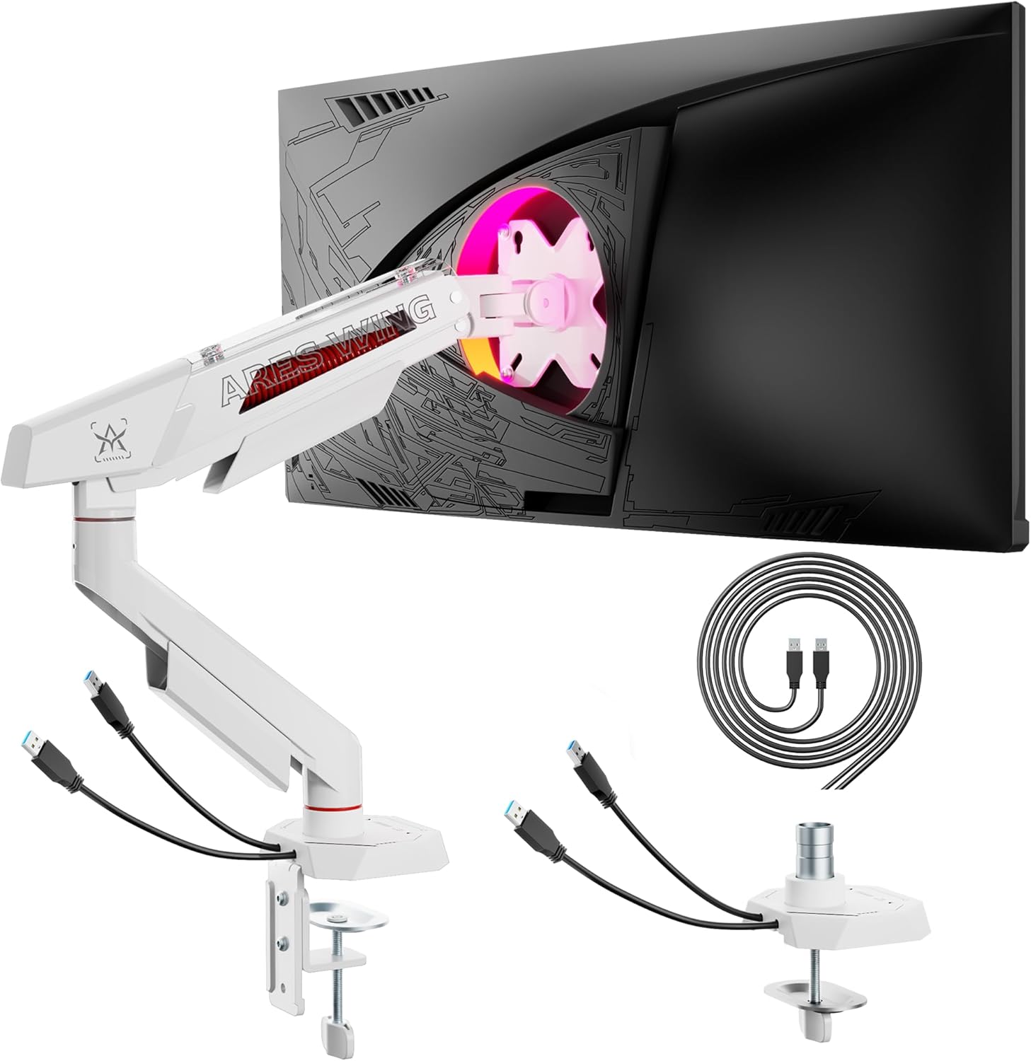 ARES WING Heavy Duty Single Monitor Arm, Fully Adjustable Single Monitor Mount for 17-40 Inch Flat Curved Ultrawide Screens Up to 26.5lbs with USB A/C, C-Clamp & Grommet Base, 75/100 Vesa Mount, White