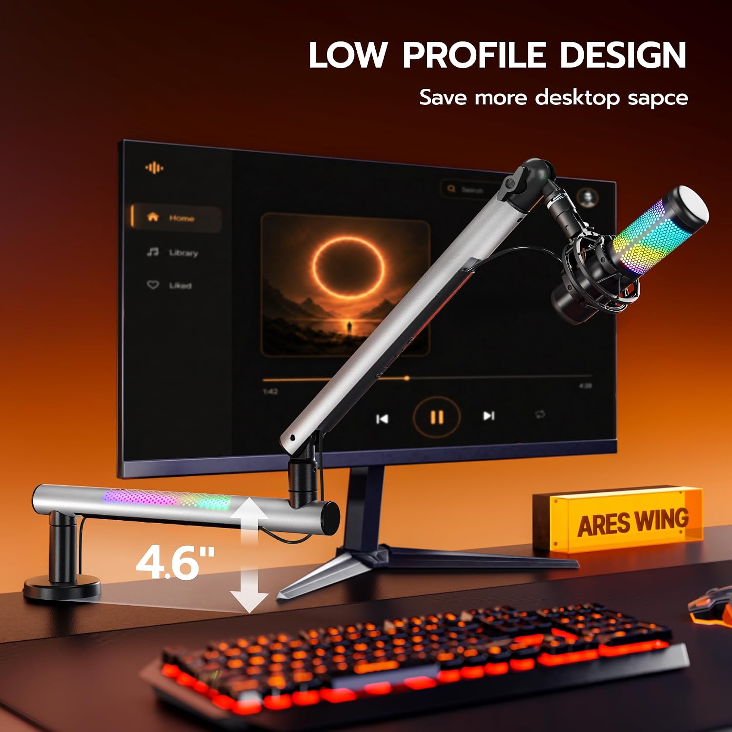 ARES WING Aluminum Low Profile Mic Arm with RGB Light, Adjustable Microphone Boom Arm with 4.4 lbs Load Capacity, 3/8” to 5/8” Screw Adapter, Desk Mount Mic Stand for Gaming Streaming Podcasting