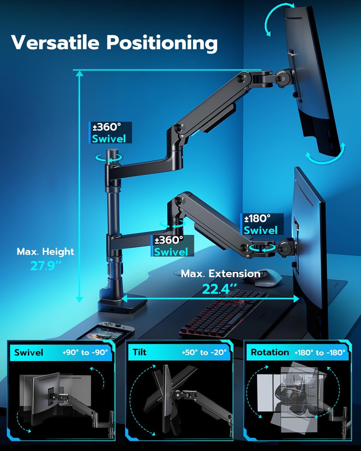 ARES WING Dual Monitor Stand for Ultrawide Heavy Duty Curved Monitor Stacking, Fits 17-49 Inch, Vertical Gas Spring Double Monitor Mount with USB, Adjustable Dual Monitor Mount for Desk, Black