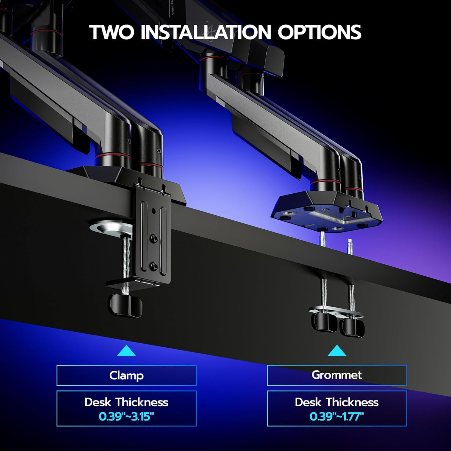 ARES WING Heavy Duty Dual Monitor Arm, Fully Adjustable Monitor Mount for 17-35 Inch Flat Curved Ultrawide Screens Up to 26.5lbs with USB A/C, C-Clamp & Grommet Base, 75/100 Vesa Mount, Black