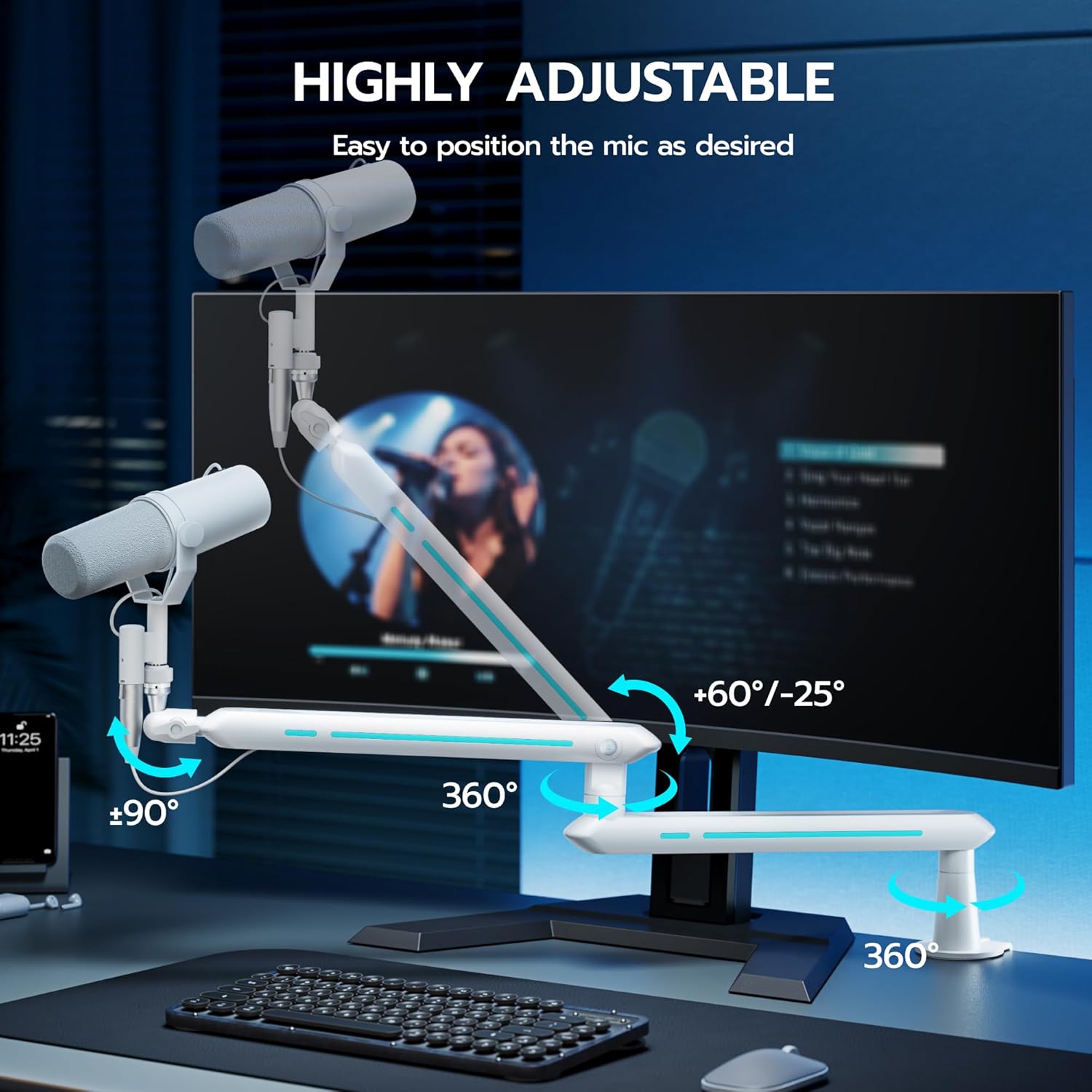 ARES WING Aluminum Low Profile Mic Arm with 4.4 lbs Load Capacity, Adjustable Microphone Boom Arm with 3/8” to 5/8” Screw Adapter, Desk Mount Mic Stand for Gaming Streaming Podcasting, White