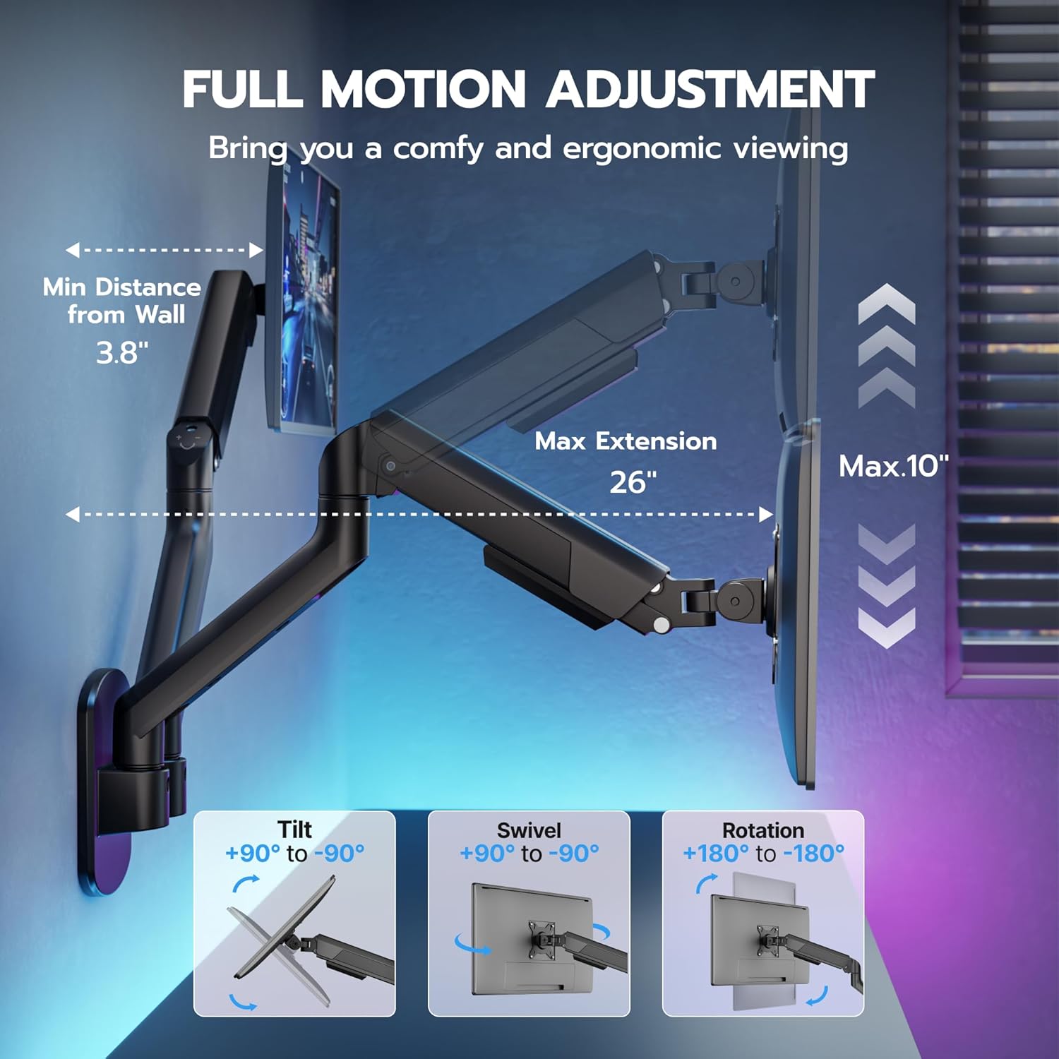 ARES WING Dual Monitor Wall Mount for 17-35 Inch Ultrawide Screens, Heavy Duty Monitor Arm Up to 26.4 lbs, Fully Adjustable Wall Mount, VESA 75x75/100x100 Compatible, Black