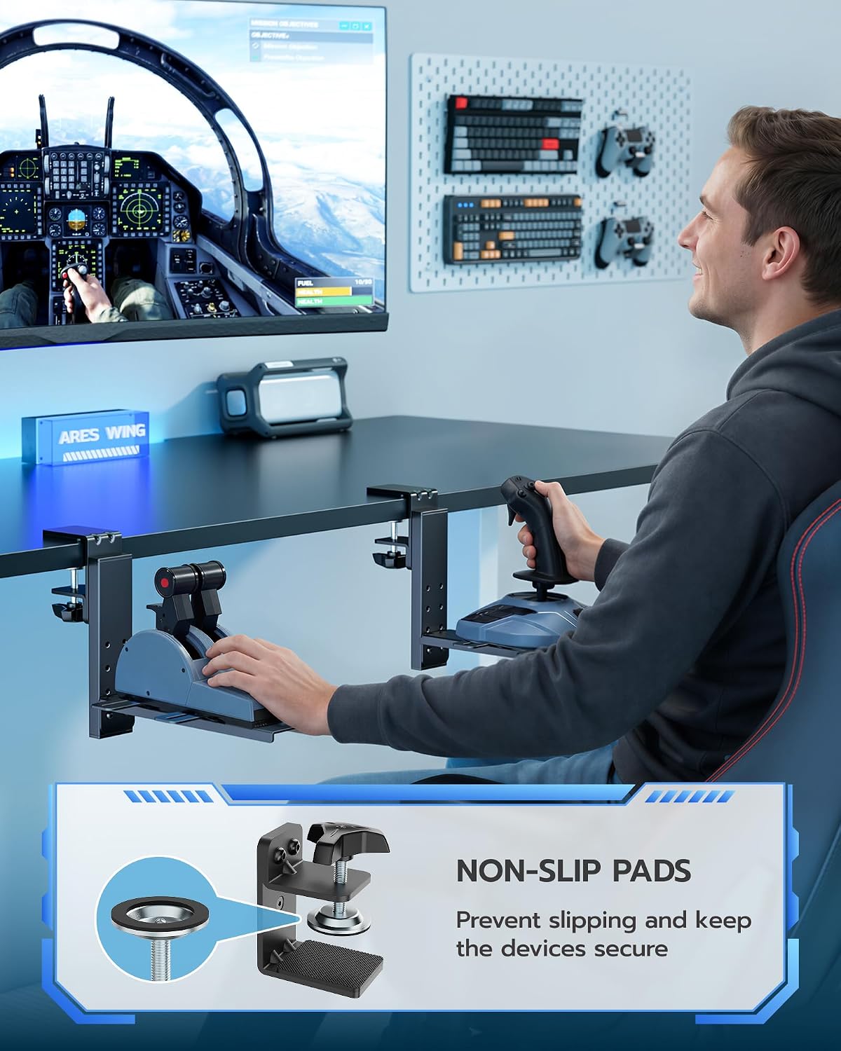 ARES WING Hotas Mount - Throttle Hotas Flight Stick Mount, Joystick Desk Mount for Flight Sim Game, for X52/X52 Pro/X56 T16000M/HOTAS Thrustmaster T-Flight HOTASVKB Gladiator NXT/VPC (2PCS)