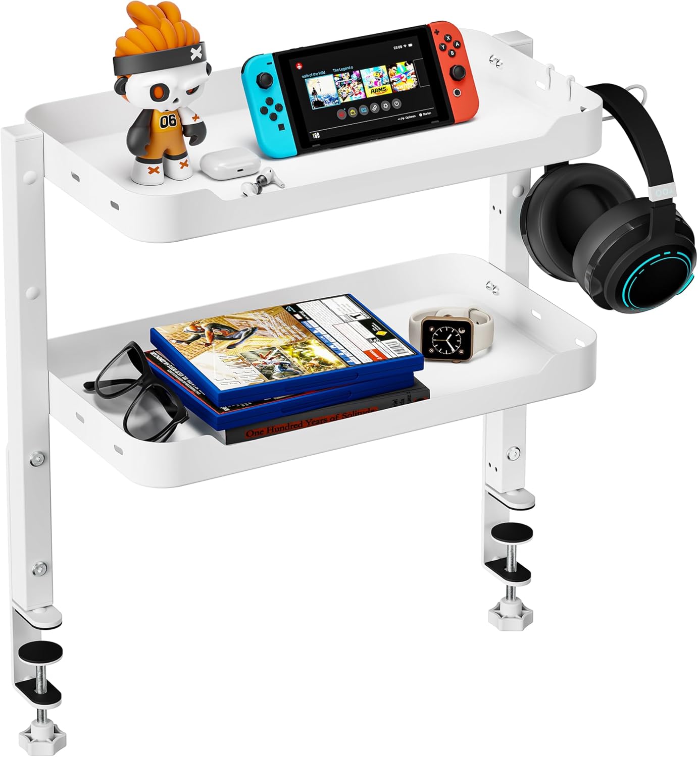 ARES WING 2-Tier Clamp On Desk Shelf, 16 inch Adjustable Above or Under Desk Storage Shelves Holds 44 lbs, Heavy Duty Desktop Organizer with Headphone Holder for Working and Gaming Accessories, White
