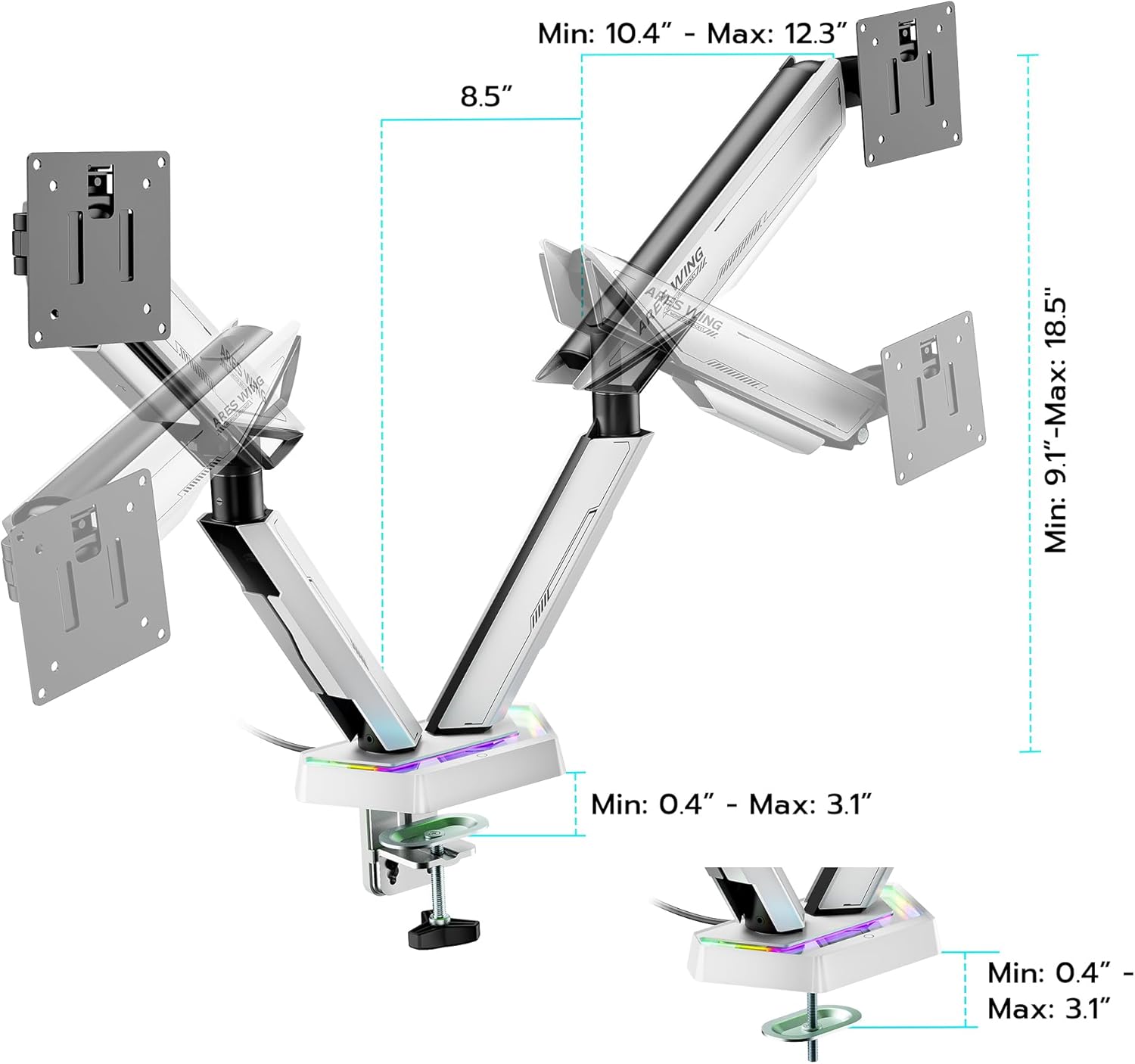 ARES WING RGB Dual Monitor Arm for 17-38" Ultrawide Screens, Holds 35.2lbs, Heavy Duty Dual Monitor Stand for Desk, Adjustable Double Monitor Mount with Clamp & Grommet Base, 75/100 VESA Mount, White
