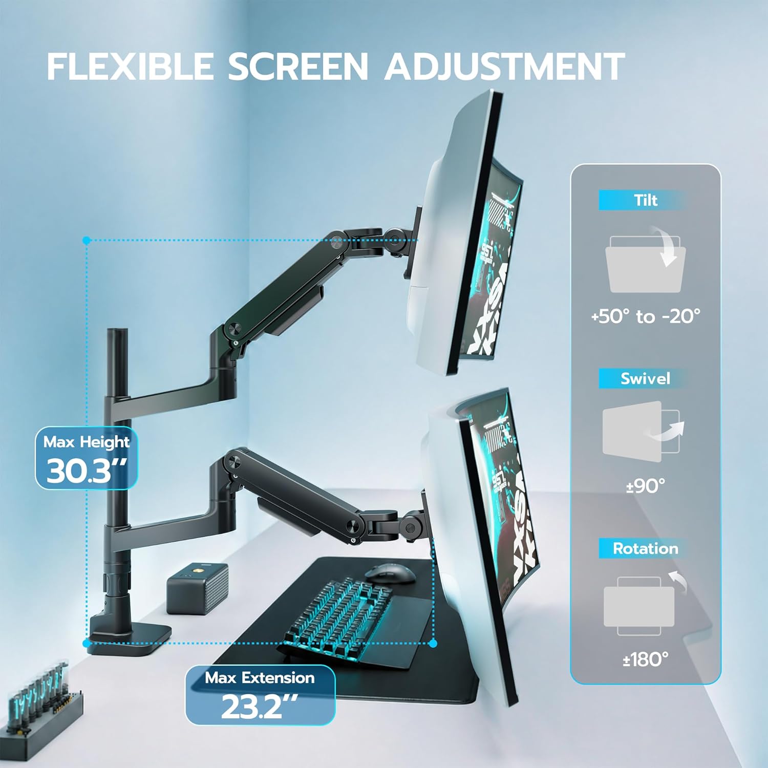 ARES WING Extra Tall Dual Monitor Arm Desk Mount for 17-49 inch Ultrawide Monitors, Heavy Duty Dual Monitor Stand Holds 44 lbs, Full Motion Vertical Stacked Monitor Mount, 75/100 VESA Mount, Black