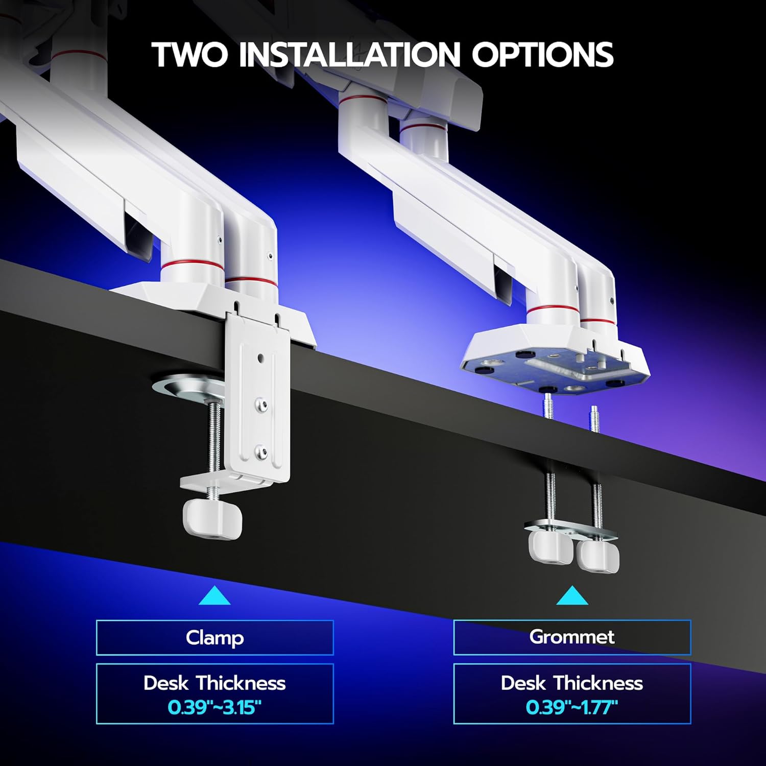 ARES WING Heavy Duty Dual Monitor Arm, Fully Adjustable Monitor Mount for 17-35 Inch Flat Curved Ultrawide Screens Up to 26.5lbs with USB A/C, C-Clamp & Grommet Base, 75/100 Vesa Mount, White