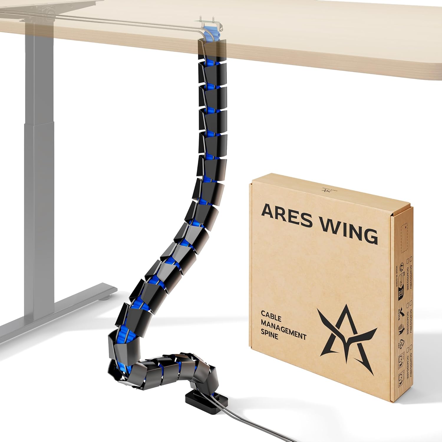 ARES WING Under Desk Cable Management Spine, Screw On Vertebrae Cable Management for Standing Desk, Length Adjustable Cord Organizer with 20 Modular Vertebrae for Office and Gaming Desks, Blue