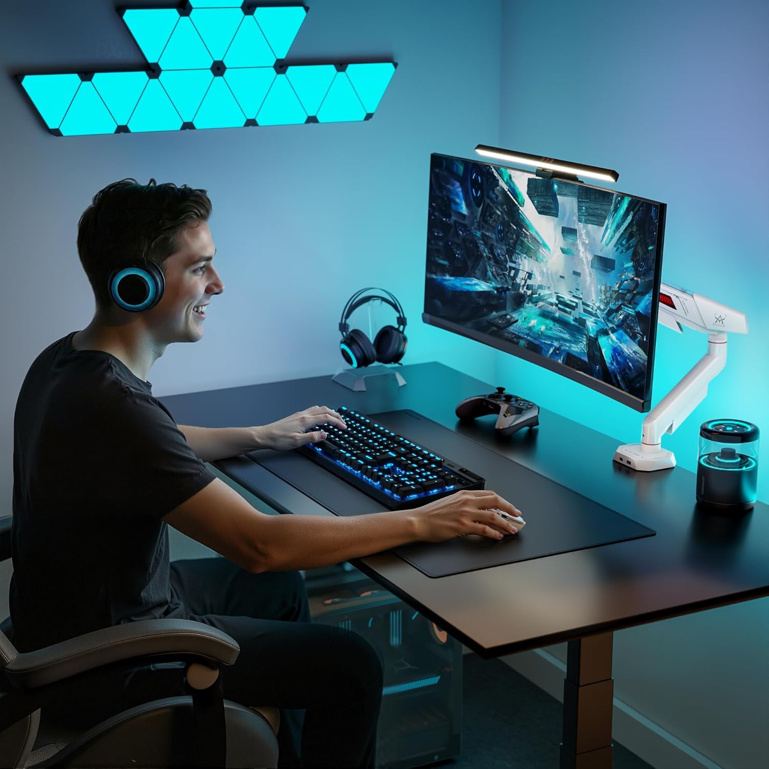 ARES WING Heavy Duty Single Monitor Arm, Fully Adjustable Single Monitor Mount for 17-40 Inch Flat Curved Ultrawide Screens Up to 26.5lbs with USB A/C, C-Clamp & Grommet Base, 75/100 Vesa Mount, White