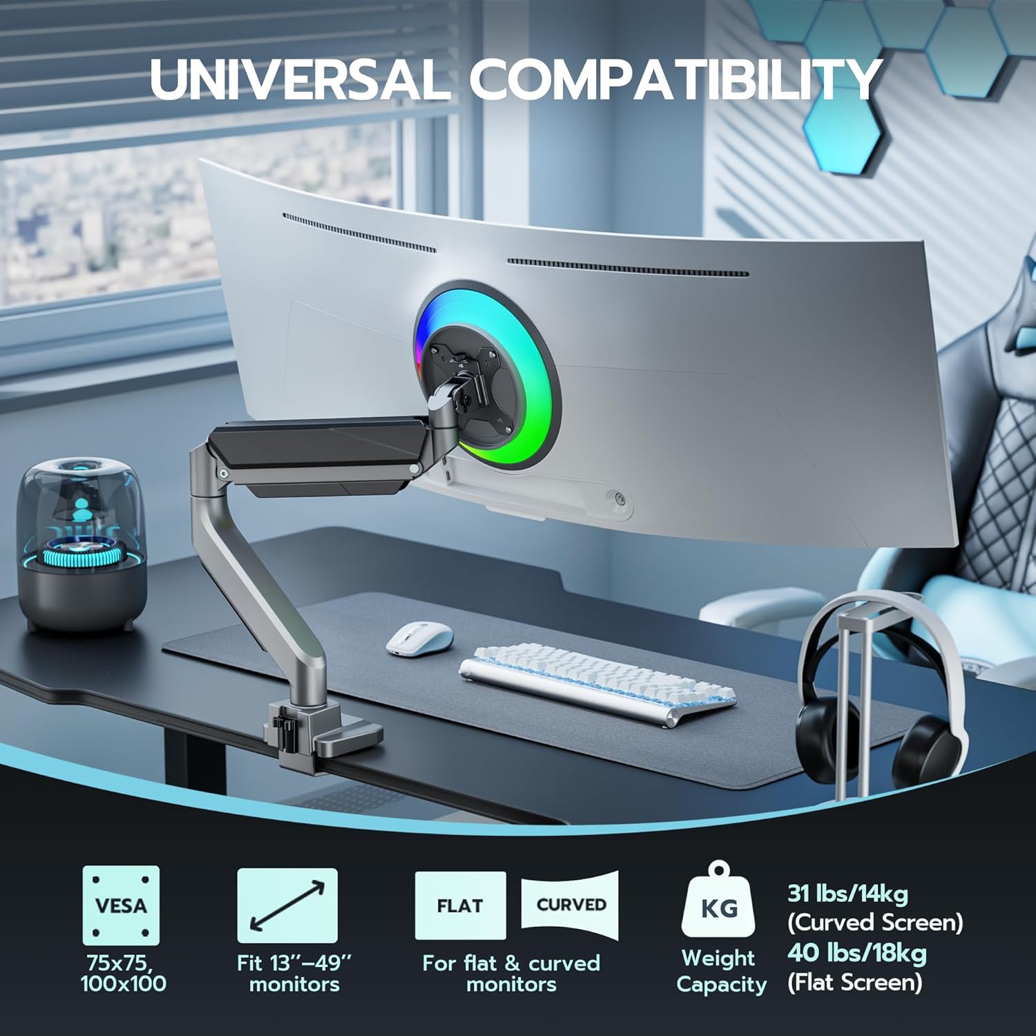 ARES WING Ultrawide Monitor Arm, Heavy Duty Single Monitor Mount for 13"-49" Curved Screens, Adjustable Stand for Desk with C-clamp & Grommet Base up to 40 LBS, Gray