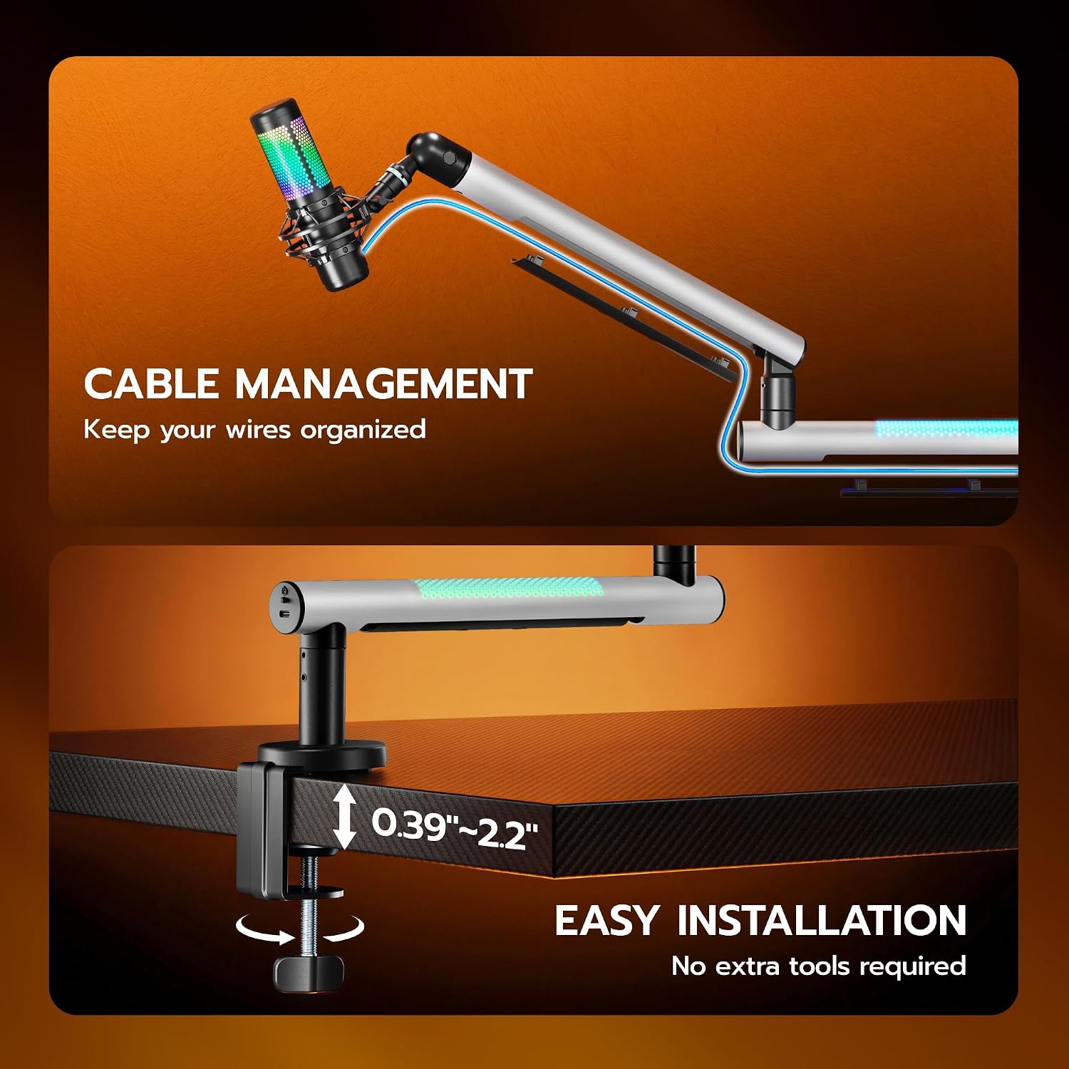 ARES WING Aluminum Low Profile Mic Arm with RGB Light, Adjustable Microphone Boom Arm with 4.4 lbs Load Capacity, 3/8” to 5/8” Screw Adapter, Desk Mount Mic Stand for Gaming Streaming Podcasting