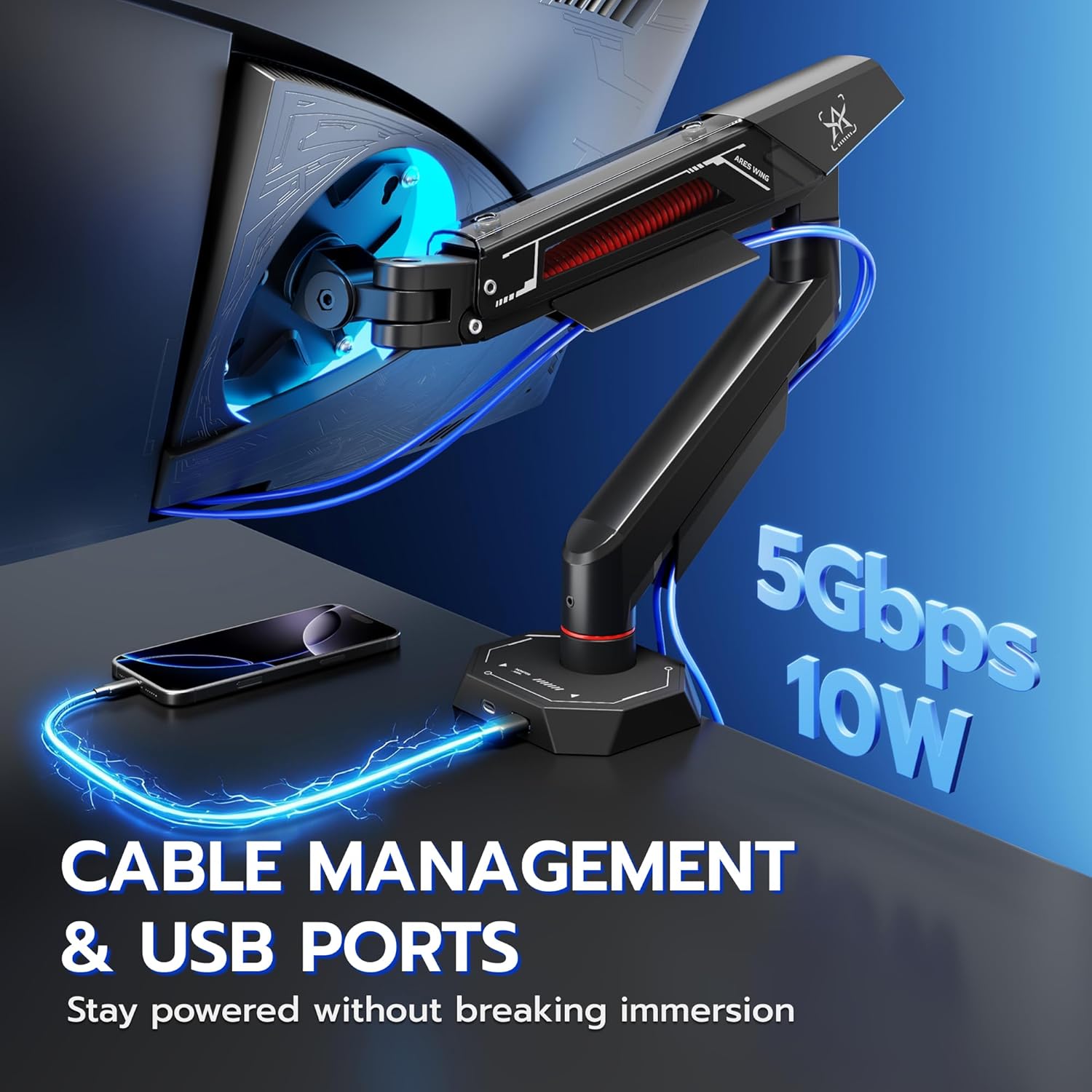 ARES WING Heavy Duty Single Monitor Arm, Fully Adjustable Single Monitor Mount for 17-40 Inch Flat Curved Ultrawide Screens Up to 26.5lbs with USB A/C, C-Clamp & Grommet Base, 75/100 Vesa Mount, Black