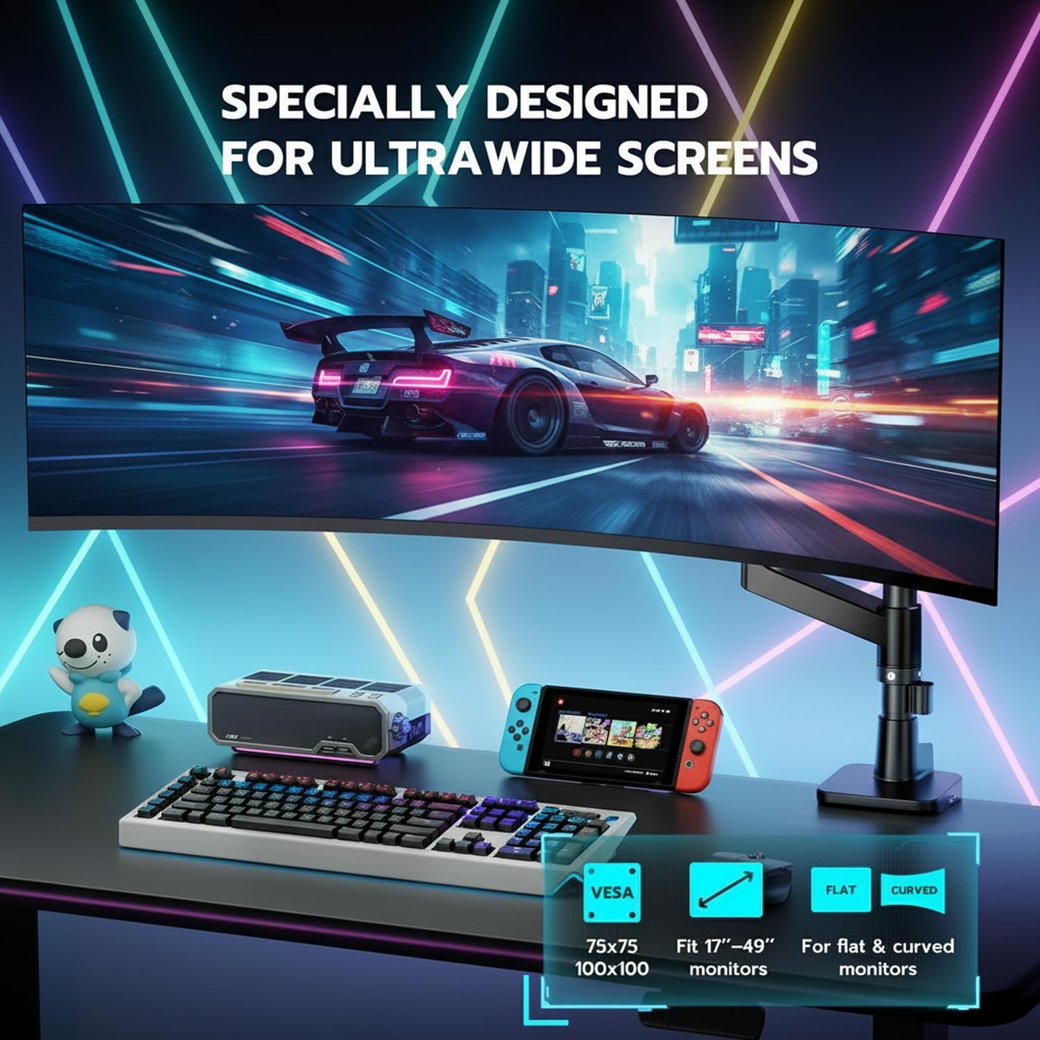 ARES WING Heavy Duty Monitor Arm with USB A/C, Tall Ultrawide Monitor Arm for 17 to 49 Inch Screen, Holds 44 Lbs, Adjustable Gas Spring Desk Mount, Black