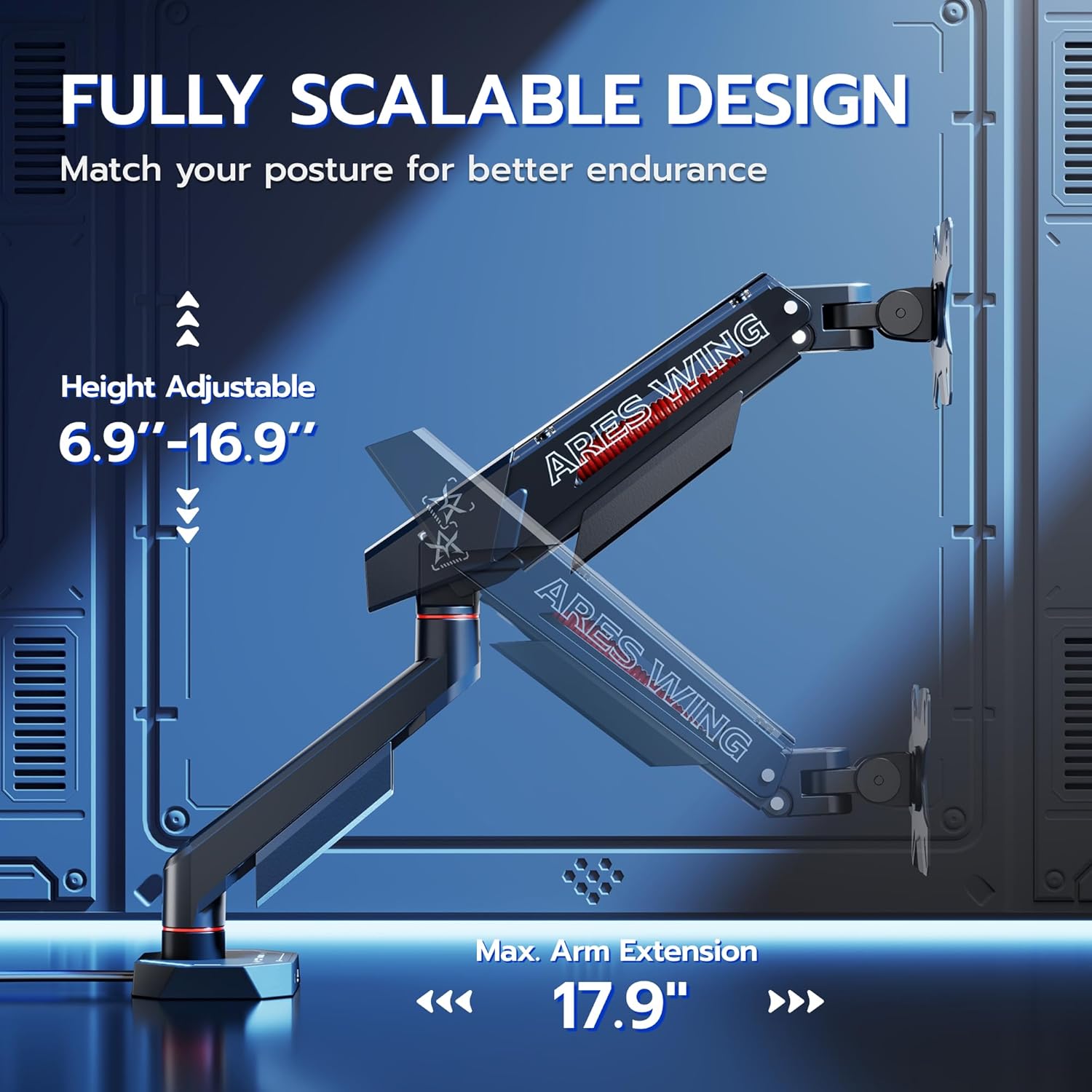 ARES WING Heavy Duty Single Monitor Arm, Fully Adjustable Single Monitor Mount for 17-40 Inch Flat Curved Ultrawide Screens Up to 26.5lbs with USB A/C, C-Clamp & Grommet Base, 75/100 Vesa Mount, Black