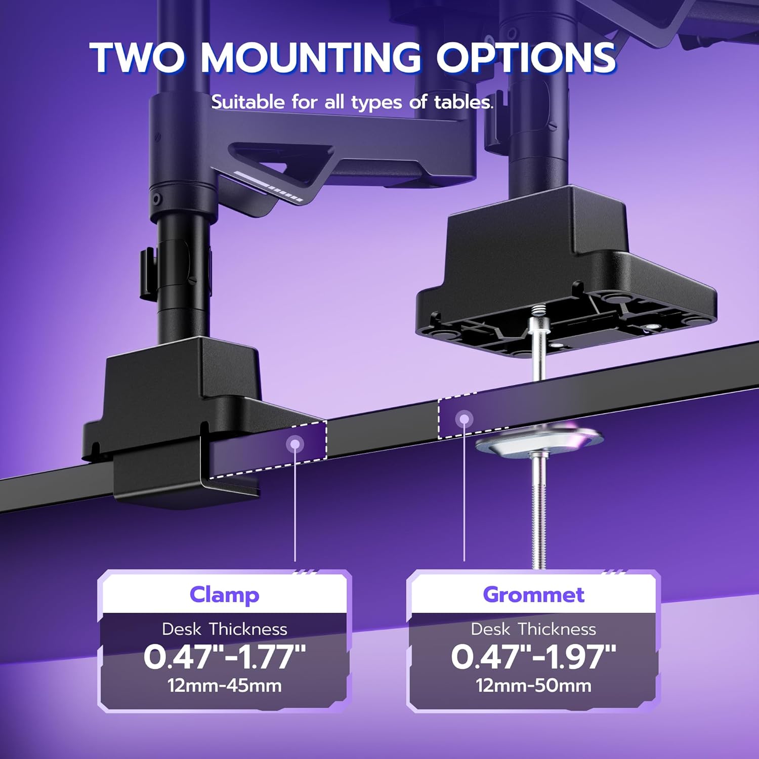 ARES WING Premium Monitor Arm, Ultrawide Monitor Stand up to 57'' and 60 Lbs per Screen, Heavy Duty Gas Sprinq Dual Monitor Mount Adjustable Arms, Various VESA Mount with Clamp/Grommet Base