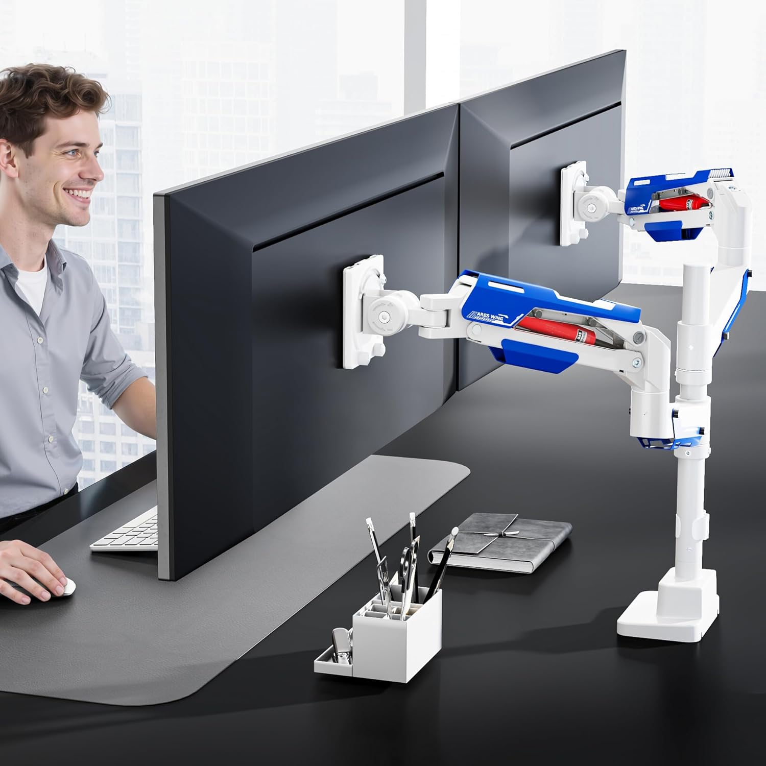 ARES WING Vertical Dual Monitor Mount - 24-57" Aluminum Heavy Duty Monitor Arms for 2 Monitors, Fully Adjustable Gas Spring Stacked Monitor Stand with 75/100/200 Vesa Mount, White