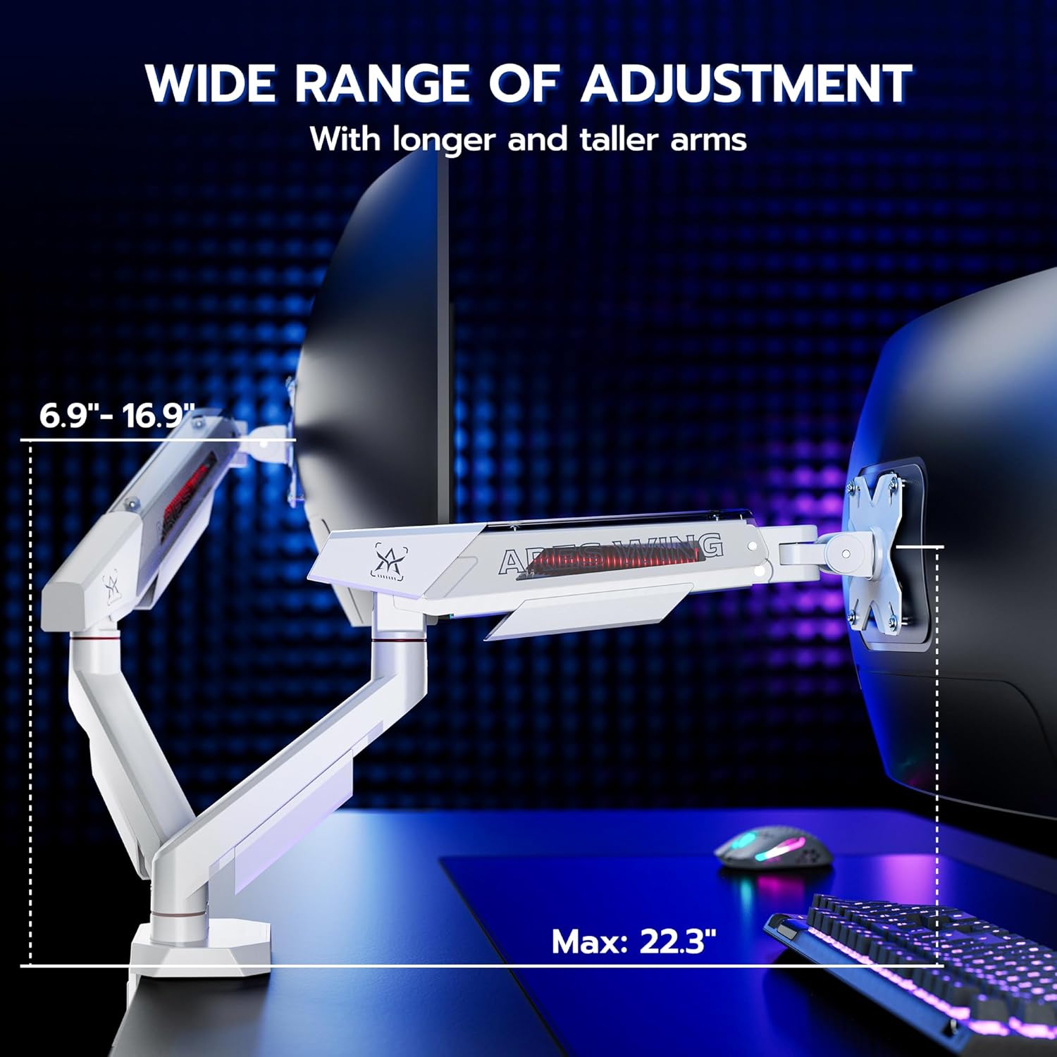 ARES WING Heavy Duty Dual Monitor Arm, Fully Adjustable Monitor Mount for 17-35 Inch Flat Curved Ultrawide Screens Up to 26.5lbs with USB A/C, C-Clamp & Grommet Base, 75/100 Vesa Mount, White