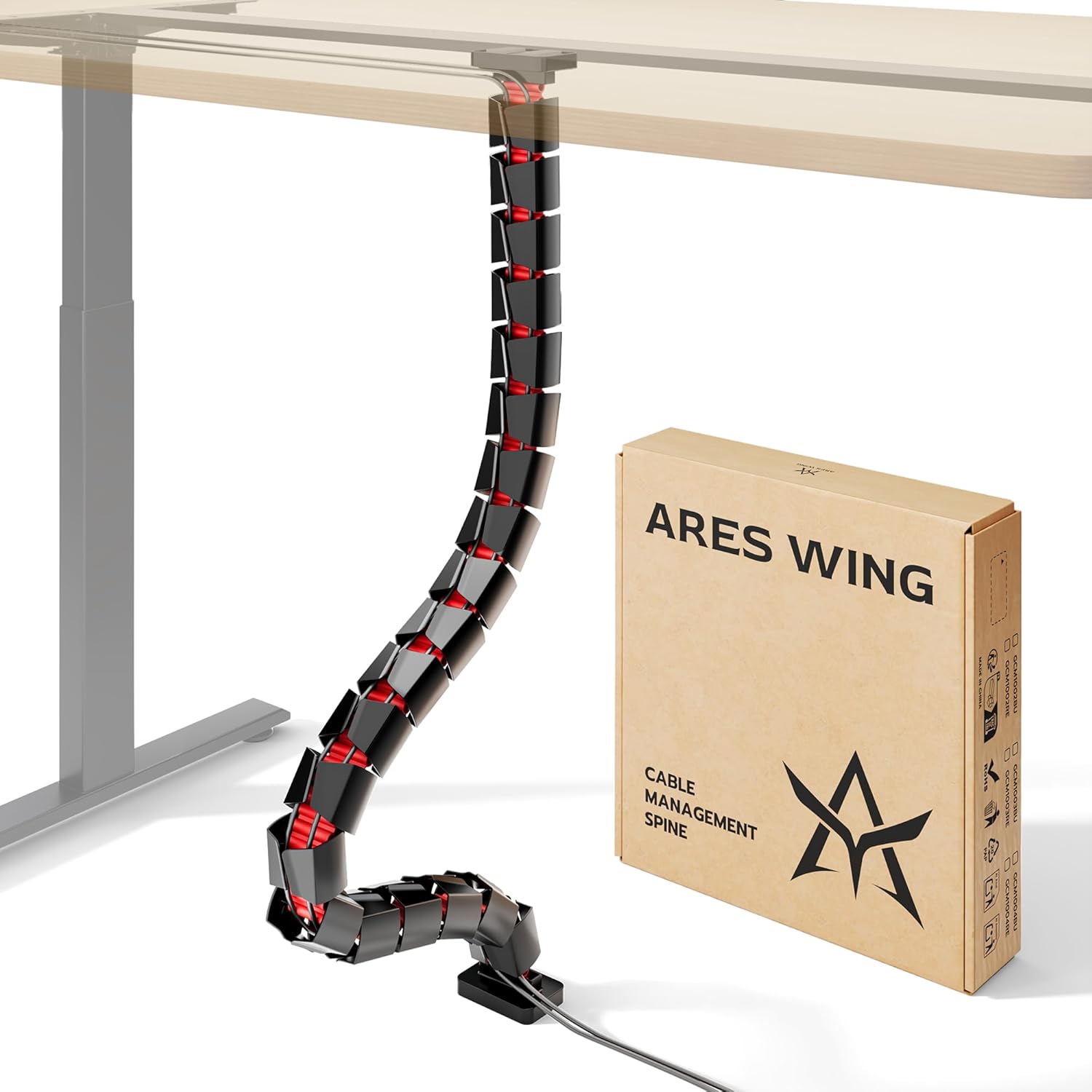 ARES WING Under Desk Cable Management Spine, Magnetic Vertebrae Cable Management for Standing Desk, Length Adjustable Cord Organizer with 20 Modular Vertebrae for Office and Gaming Desks, Red