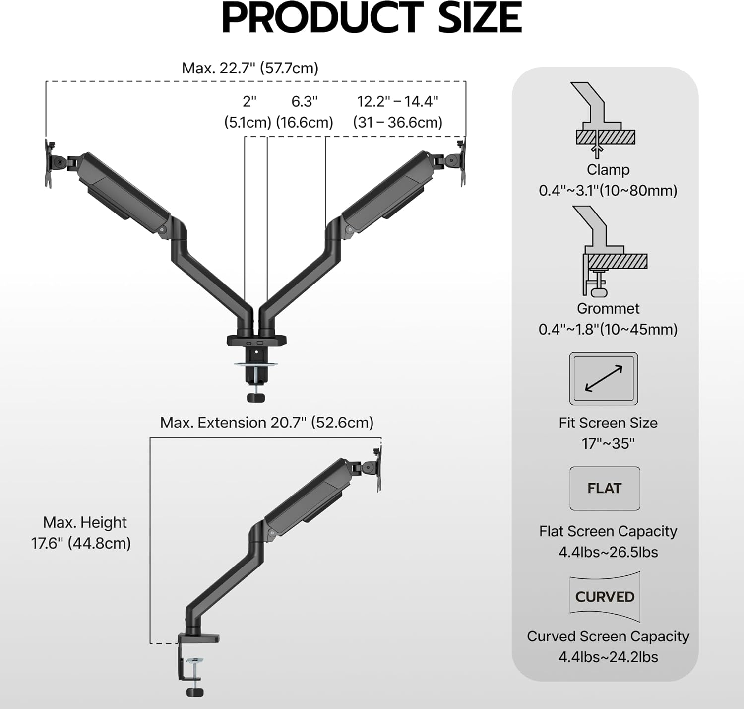 ARES WING Dual Monitor Mount, Heavy Duty Monitor Arms for 2 Monitors for 17-35 inch, Fully Adjustable Monitor Desk Stand Ultrawide Screen, VESA 75x75 or 100x100mm, Black