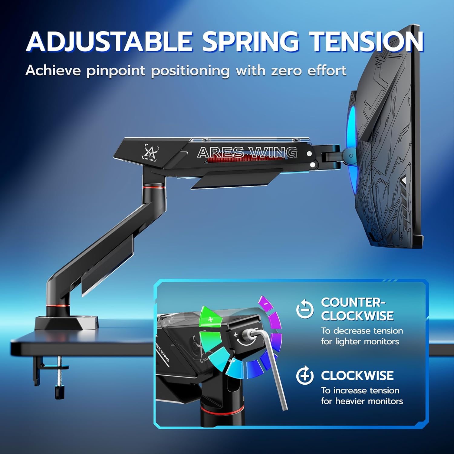 ARES WING Single Monitor Arm for 17-40 Inch Flat Curved Ultrawide Screens Up to 26.5lbs, Fully Adjustable Single Monitor Mount, C-Clamp & Grommet Base, 75/100 Vesa Mount, Black