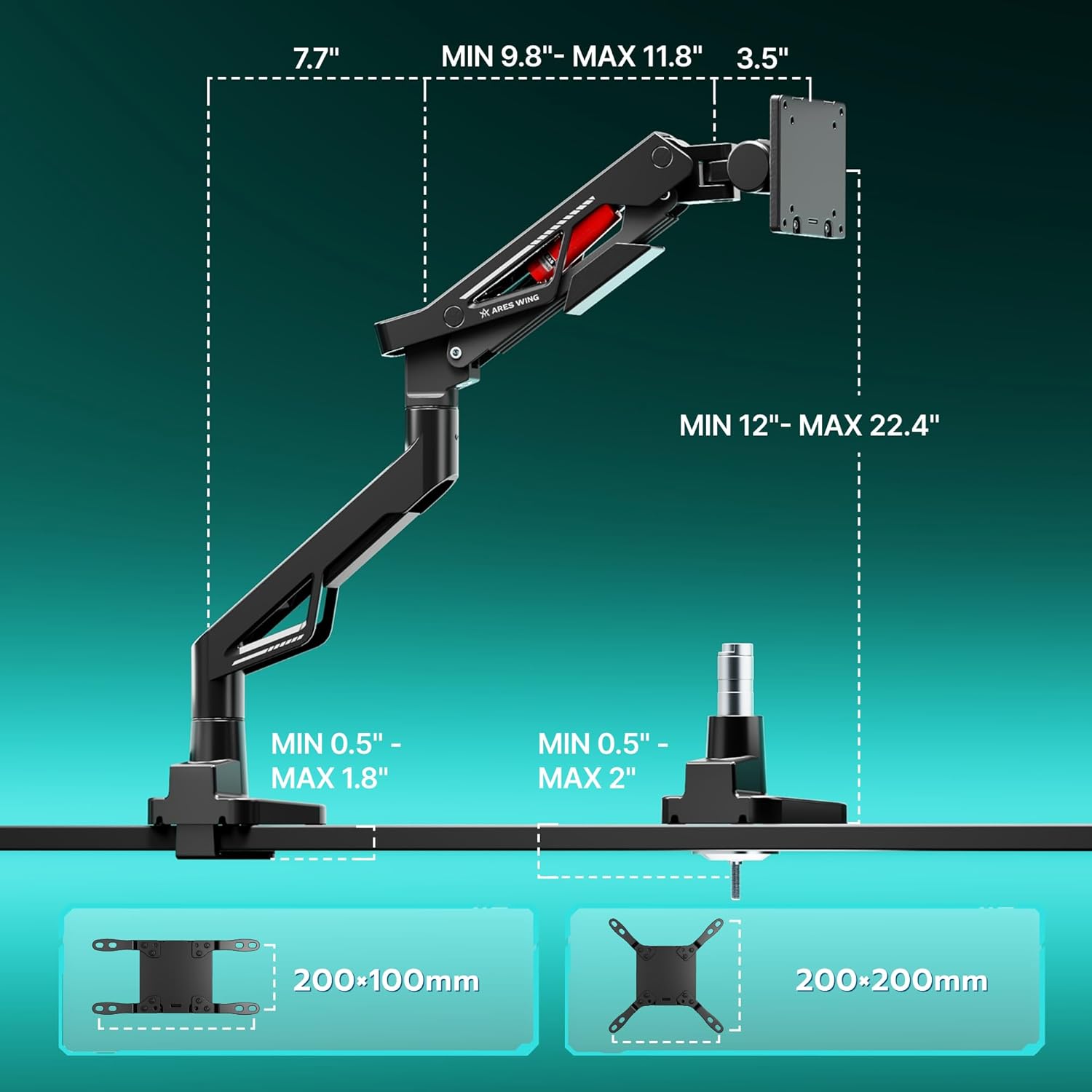 ARES WING Premium Monitor Arm, Ultrawide Monitor Stand up to 57” and 66 Lbs, Gas Sprinq Monitor Mount Height Adjustable and Extension Monitor Stand for Desk Various VESA Mount with Clamp/Grommet Base