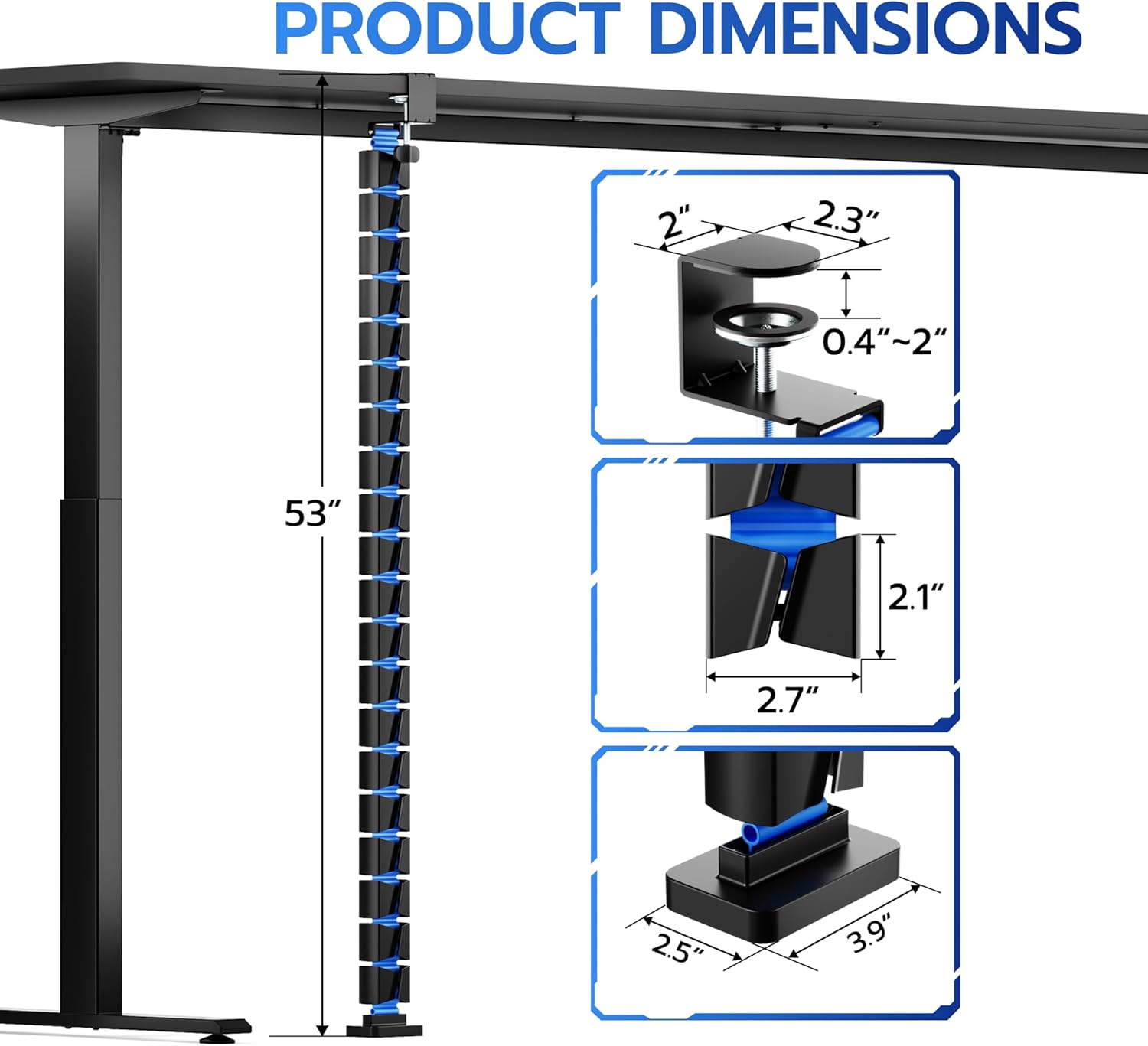 ARES WING Under Desk Cable Management Spine, Clamp On Vertebrae Cable Management for Standing Desk, Length Adjustable Cord Organizer with 20 Modular Vertebrae for Office and Gaming Desks, Blue