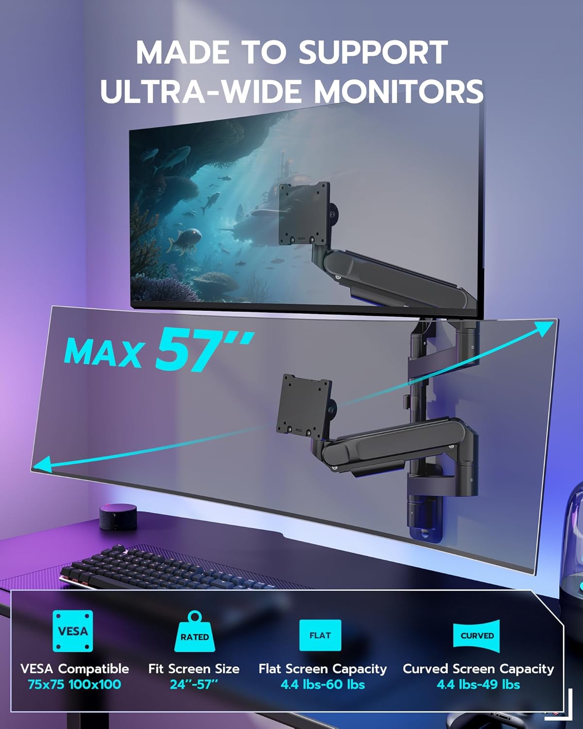 ARES WING Dual Monitor Wall Mount for 24-57 Inch Ultrawide Screens, Premium Heavy Duty Monitor Arm Holds 60 lbs, Full Motion Gas Spring, Bearing Head for Easy Adjustment, 75/100 VESA Mount, Black