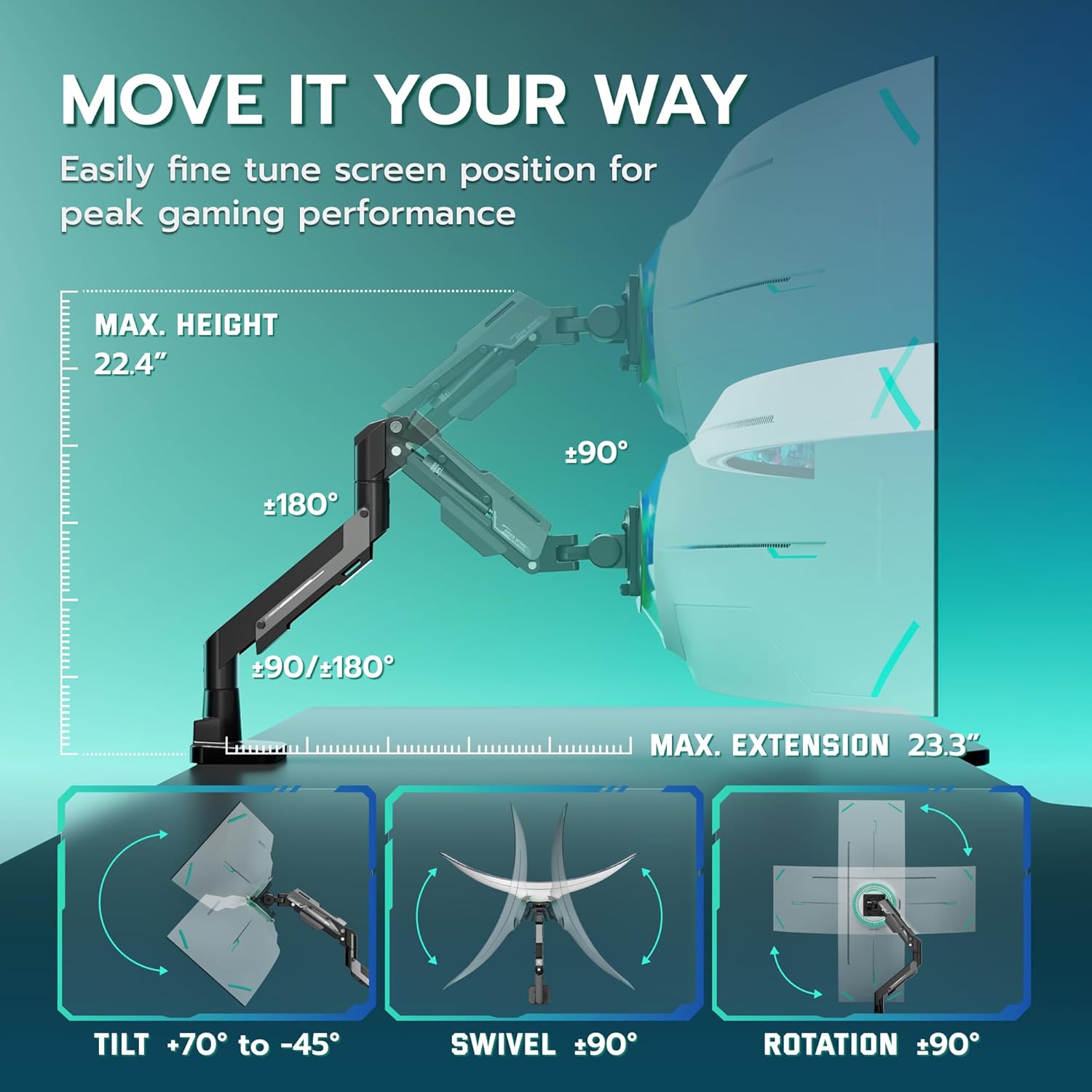 ARES WING Heavy Duty Single Monitor Arm - Gas Spring Aluminum Monitor Mount for 24"-57" Ultrawide Screens up to 66 lbs with Clamp/Grommet Desk Mount, 75/100/200 Vesa Mount, Black