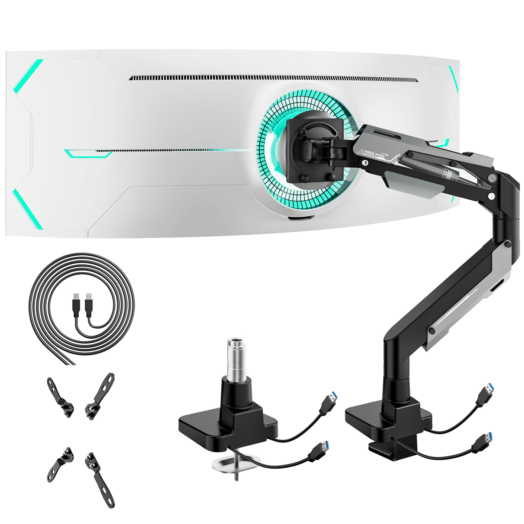 ARES WING Heavy Duty Ultrawide Monitor Arm - Gas Spring Aluminum Monitor Mount with USB for 24"-57" Curved Screens up to 66 lbs with Clamp/Grommet Desk Mount, 75/100/200 Vesa Mount, White
