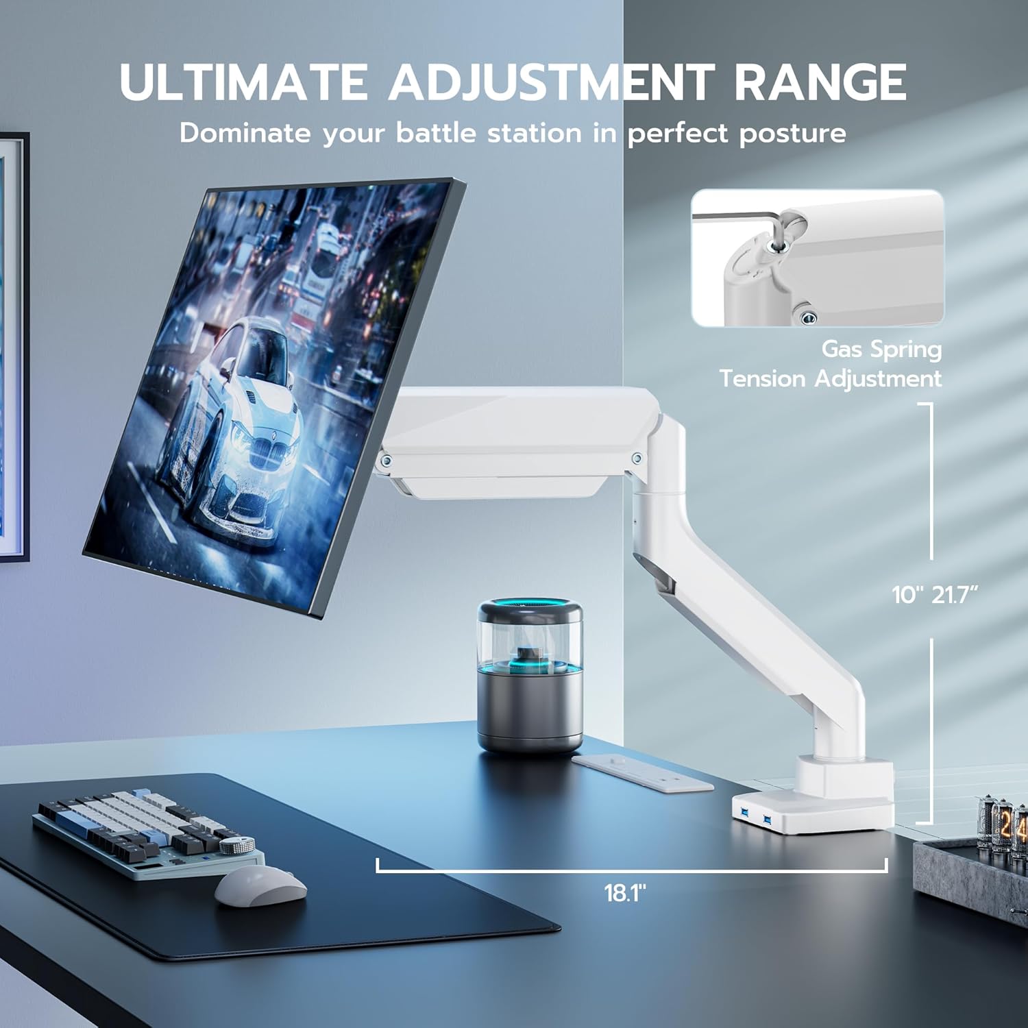 ARES WING Single Monitor Arm, Heavy Duty Adjustable Monitor Arm for 13"-49" Screens with USB, Gas Spring Desk Mount Stand with C Clamp/Grommet Mounting Base up to 40lbs Computer, White