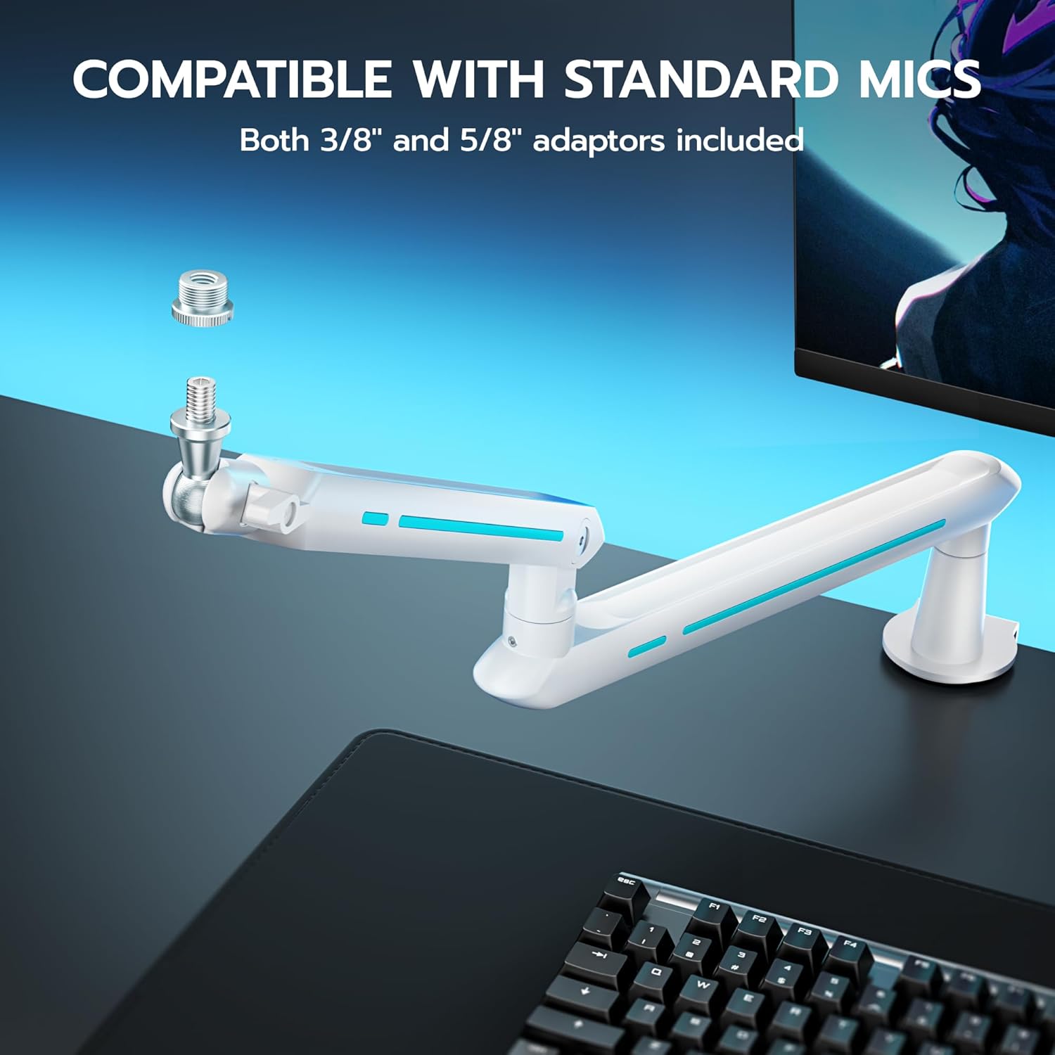 ARES WING Aluminum Low Profile Mic Arm with 4.4 lbs Load Capacity, Adjustable Microphone Boom Arm with 3/8” to 5/8” Screw Adapter, Desk Mount Mic Stand for Gaming Streaming Podcasting, White