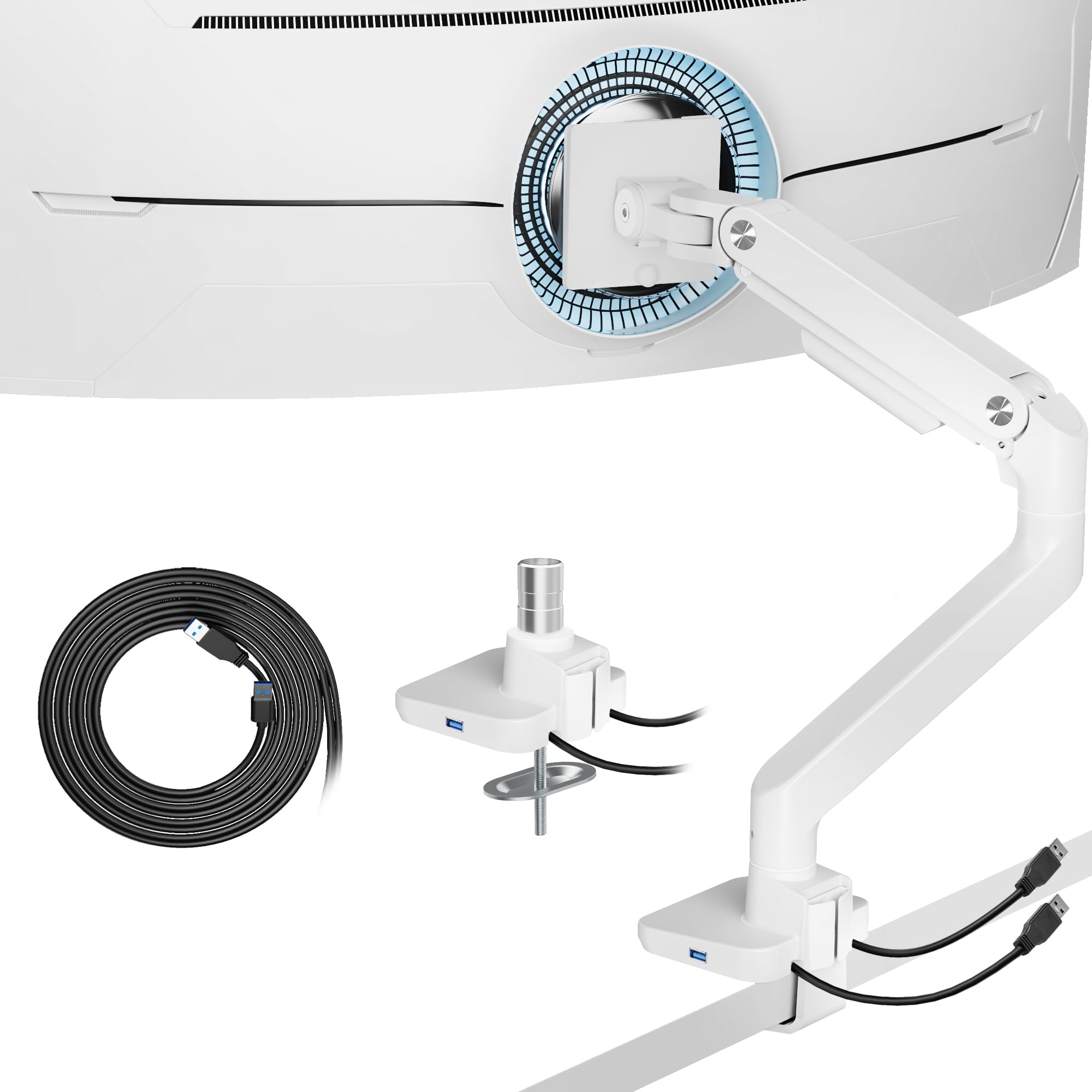 ARES WING Ultrawide Monitor Arm for 17 to 49 Inch Heavy Duty Curved Screen, Holds 44 Lbs, Adjustable Gas Spring Monitor Arm Desk Mount with C Clamp, Grommet Base, 75/100 Vesa Mount, Black