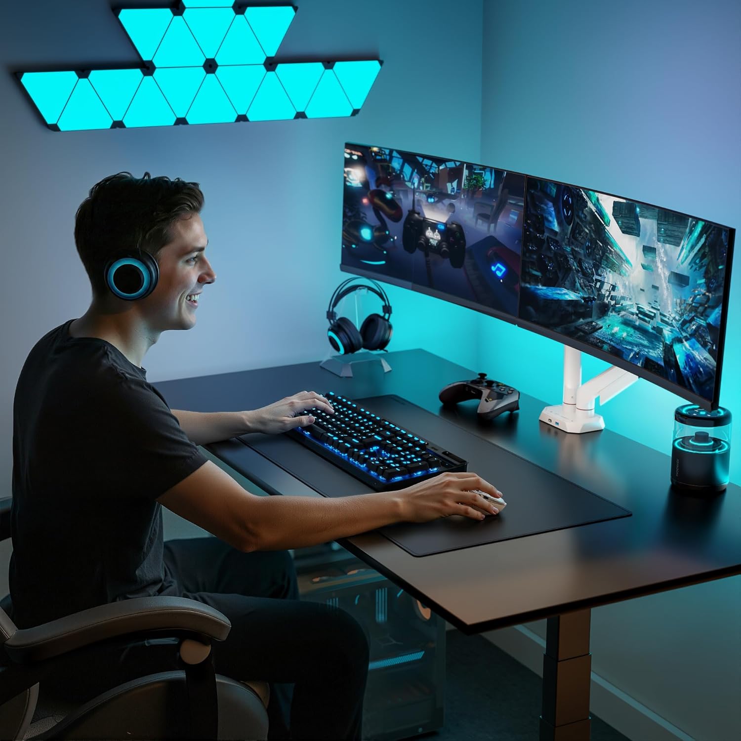 ARES WING Heavy Duty Dual Monitor Arm, Fully Adjustable Monitor Mount for 17-35 Inch Flat Curved Ultrawide Screens Up to 26.5lbs with USB A/C, C-Clamp & Grommet Base, 75/100 Vesa Mount, White
