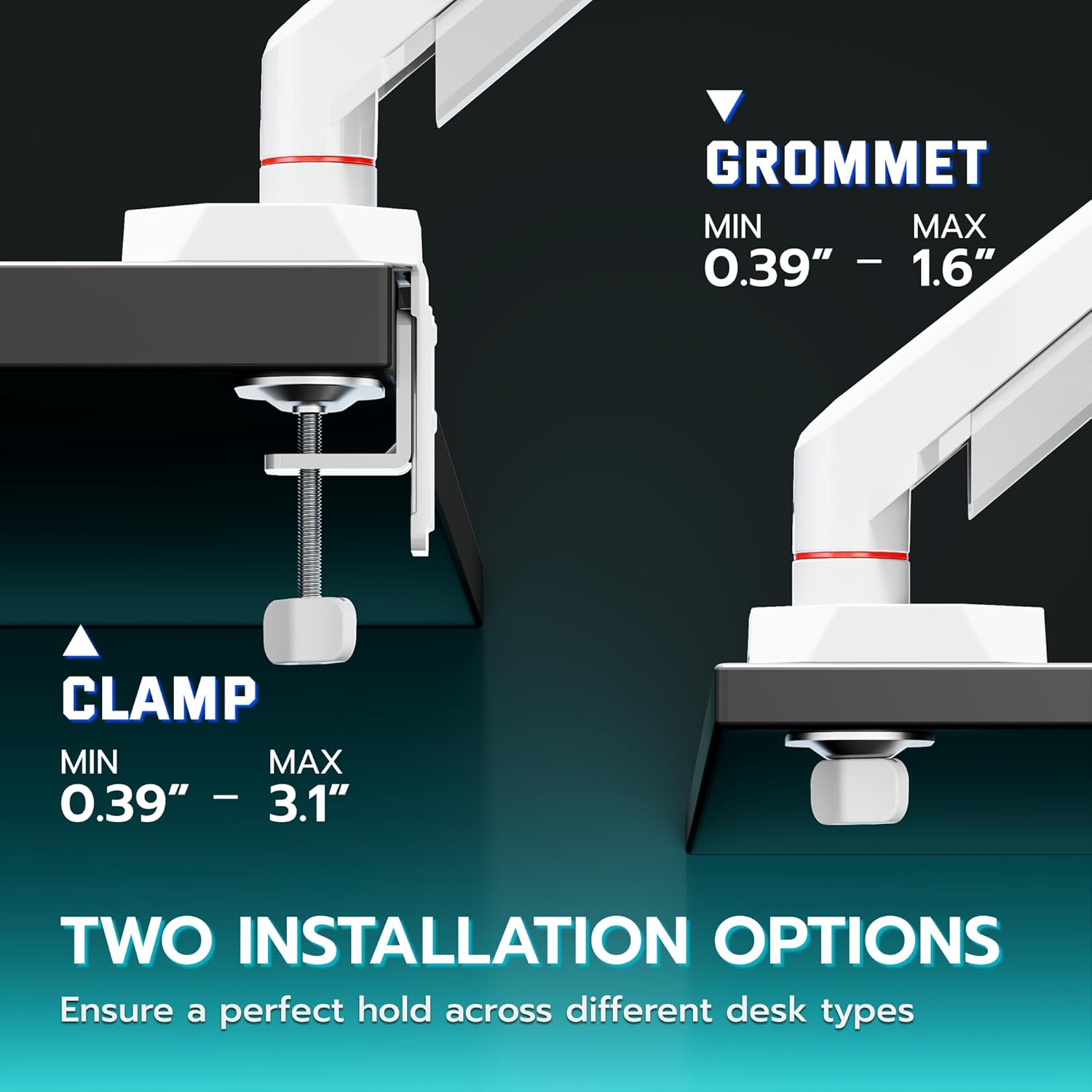 ARES WING Single Monitor Arm for 17-40 Inch Flat Curved Ultrawide Screens Up to 26.5lbs, Fully Adjustable Single Monitor Mount, C-Clamp & Grommet Base, 75/100 Vesa Mount, White