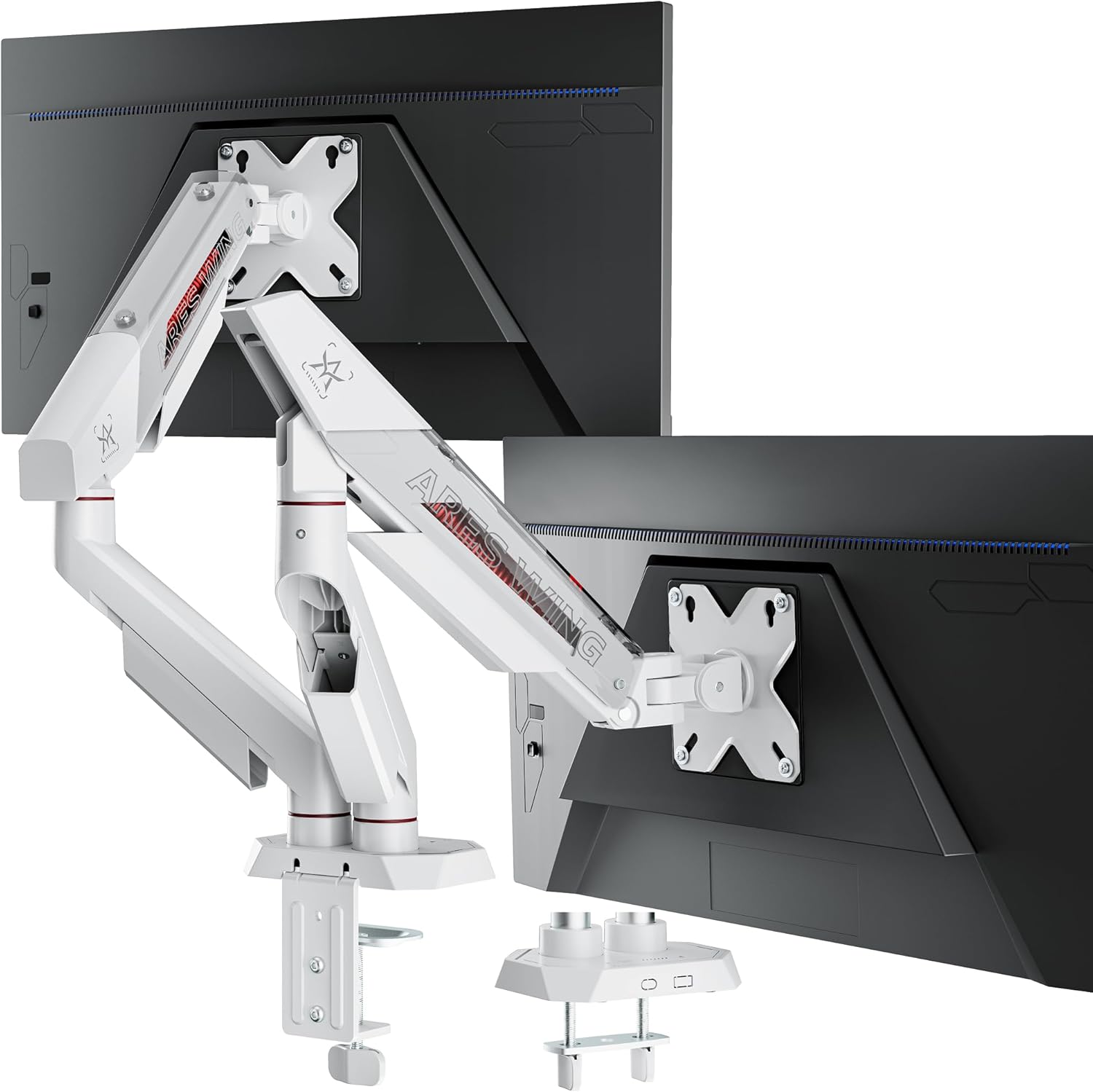 ARES WING Dual Monitor Arm for 17-35 Inch Flat Curved Ultrawide Screens Up to 26.5lbs, Fully Adjustable Dual Monitor Mount, C-Clamp & Grommet Base, 75/100 Vesa Mount, White