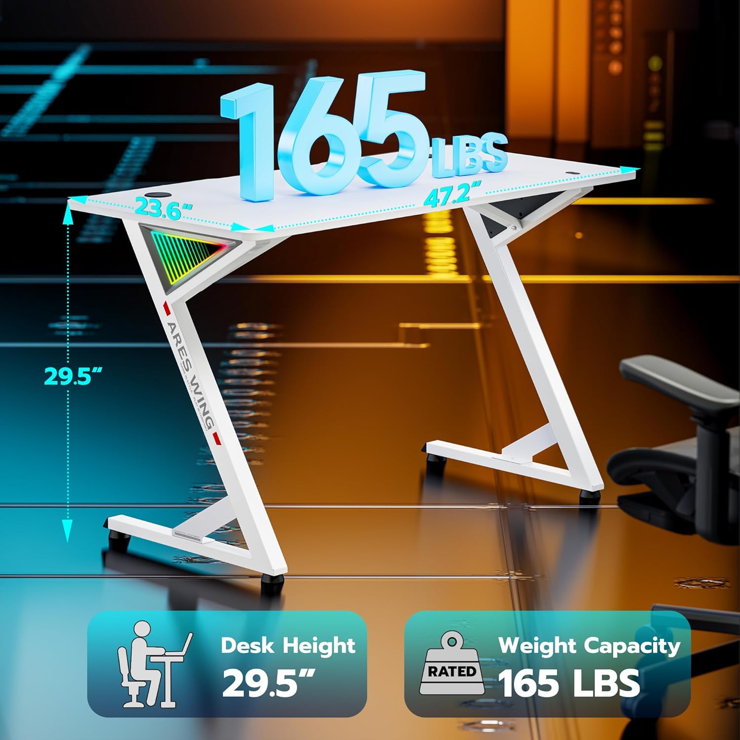 ARES WING 47 Inch Gaming Desk, Ergonomic Computer Desk with LED Light and DIY Control Cable, Gaming Table Carbon Fiber Surface for Home and Office, White