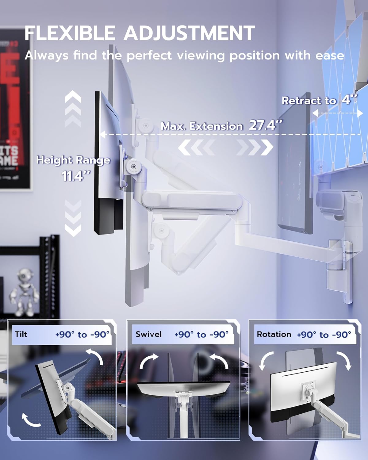 ARES WING Monitor Wall Mount for 24-57 Inch Ultrawide Gaming Screens, Premium Heavy Duty Monitor Arm Holds 60 lbs, Full Motion Gas Spring, Bearing Head for Easy Adjustment, 75/100 VESA Mount, White