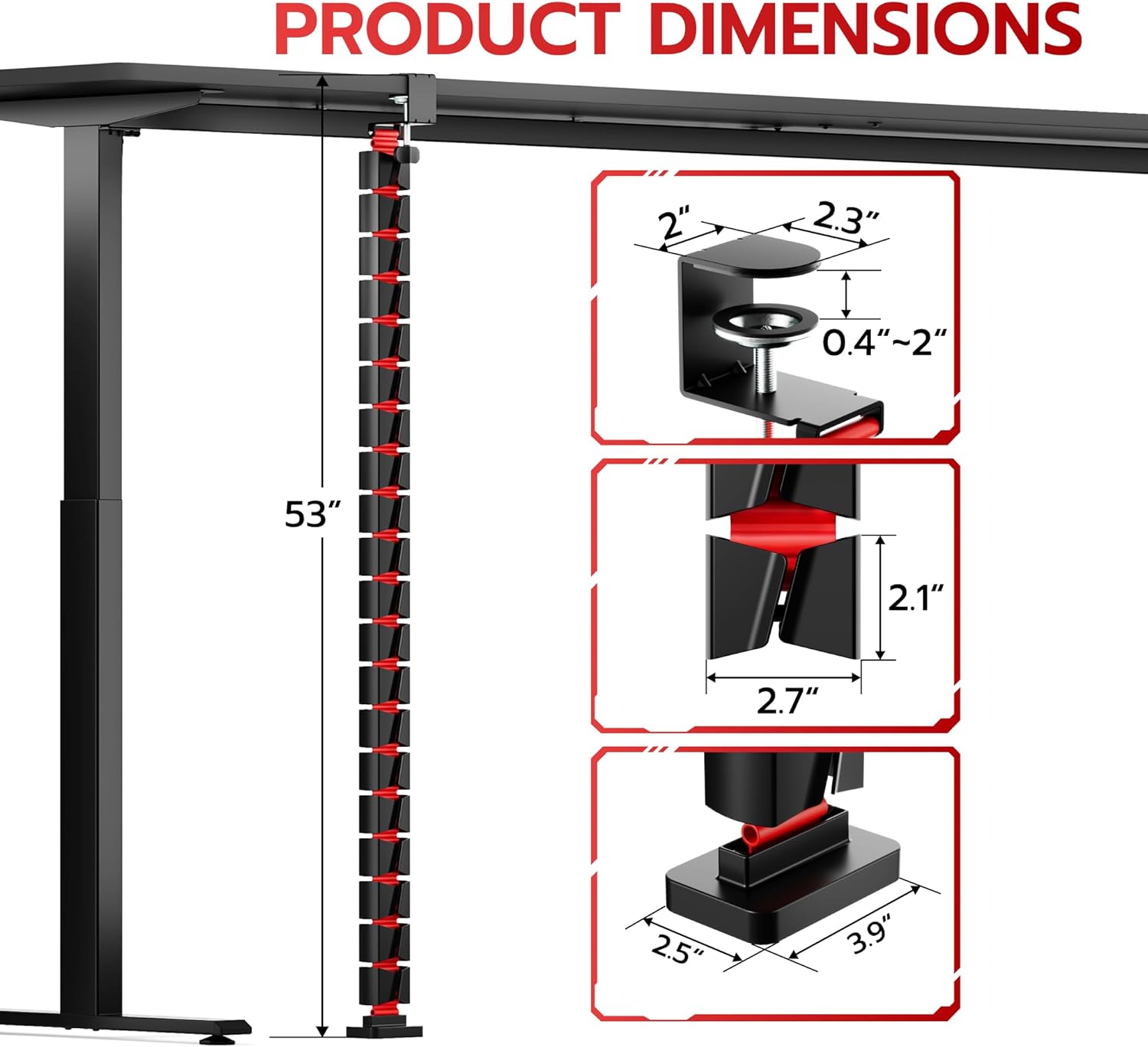 ARES WING Under Desk Cable Management Spine, Clamp On Vertebrae Cable Management for Standing Desk, Length Adjustable Cord Organizer with 20 Modular Vertebrae for Office and Gaming Desks, Red