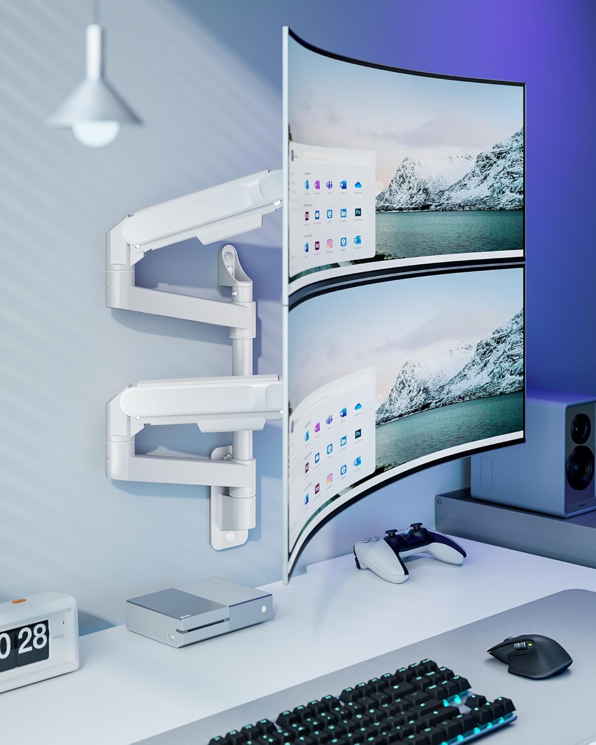 ARES WING Dual Monitor Wall Mount for 24-57 Inch Ultrawide Screens, Premium Heavy Duty Monitor Arm Holds 60 lbs, Full Motion Gas Spring, Bearing Head for Easy Adjustment, 75/100 VESA Mount, White