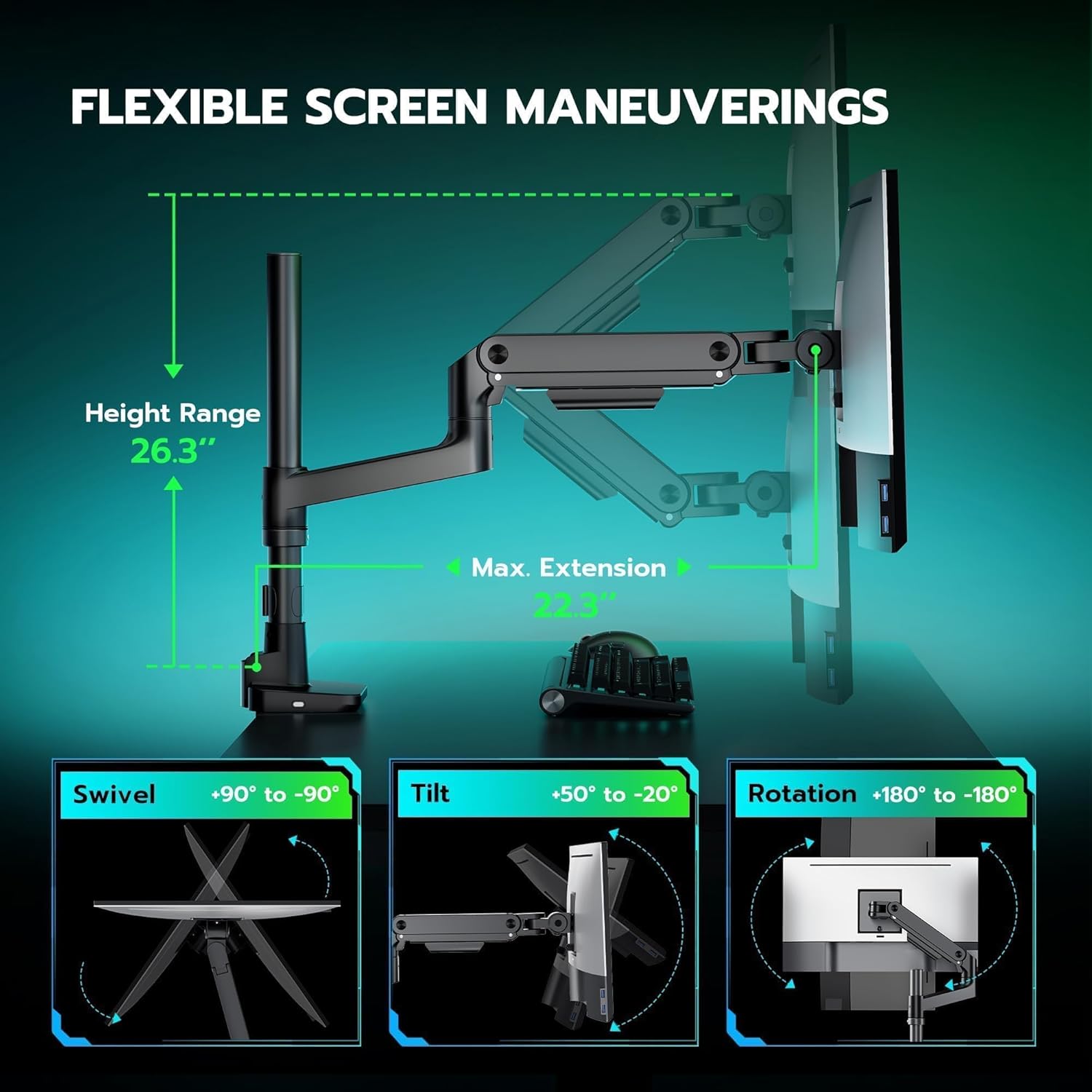 ARES WING Heavy Duty Monitor Arm with USB A/C, Tall Ultrawide Monitor Arm for 17 to 49 Inch Screen, Holds 44 Lbs, Adjustable Gas Spring Desk Mount, Black