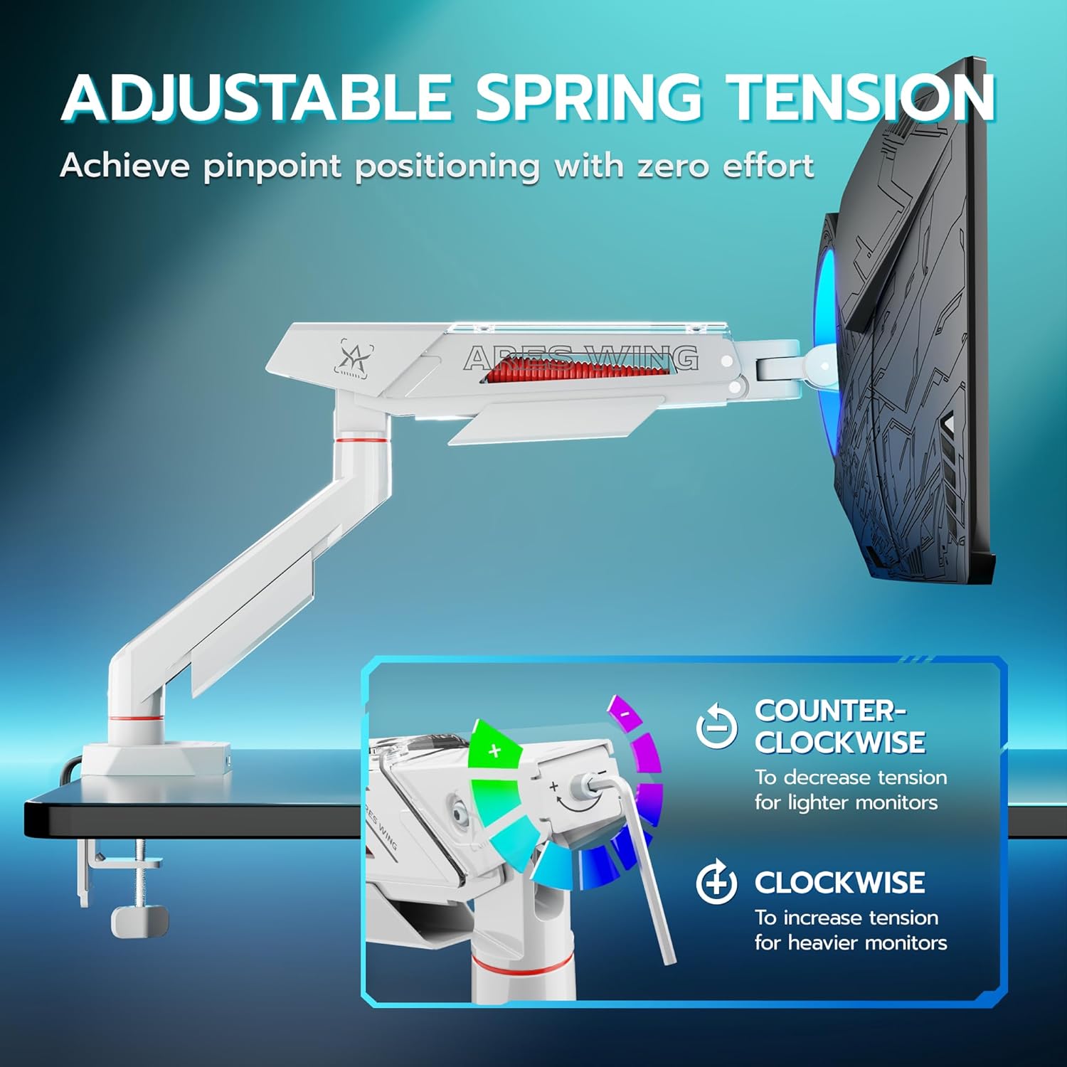 ARES WING Heavy Duty Single Monitor Arm, Fully Adjustable Single Monitor Mount for 17-40 Inch Flat Curved Ultrawide Screens Up to 26.5lbs with USB A/C, C-Clamp & Grommet Base, 75/100 Vesa Mount, White