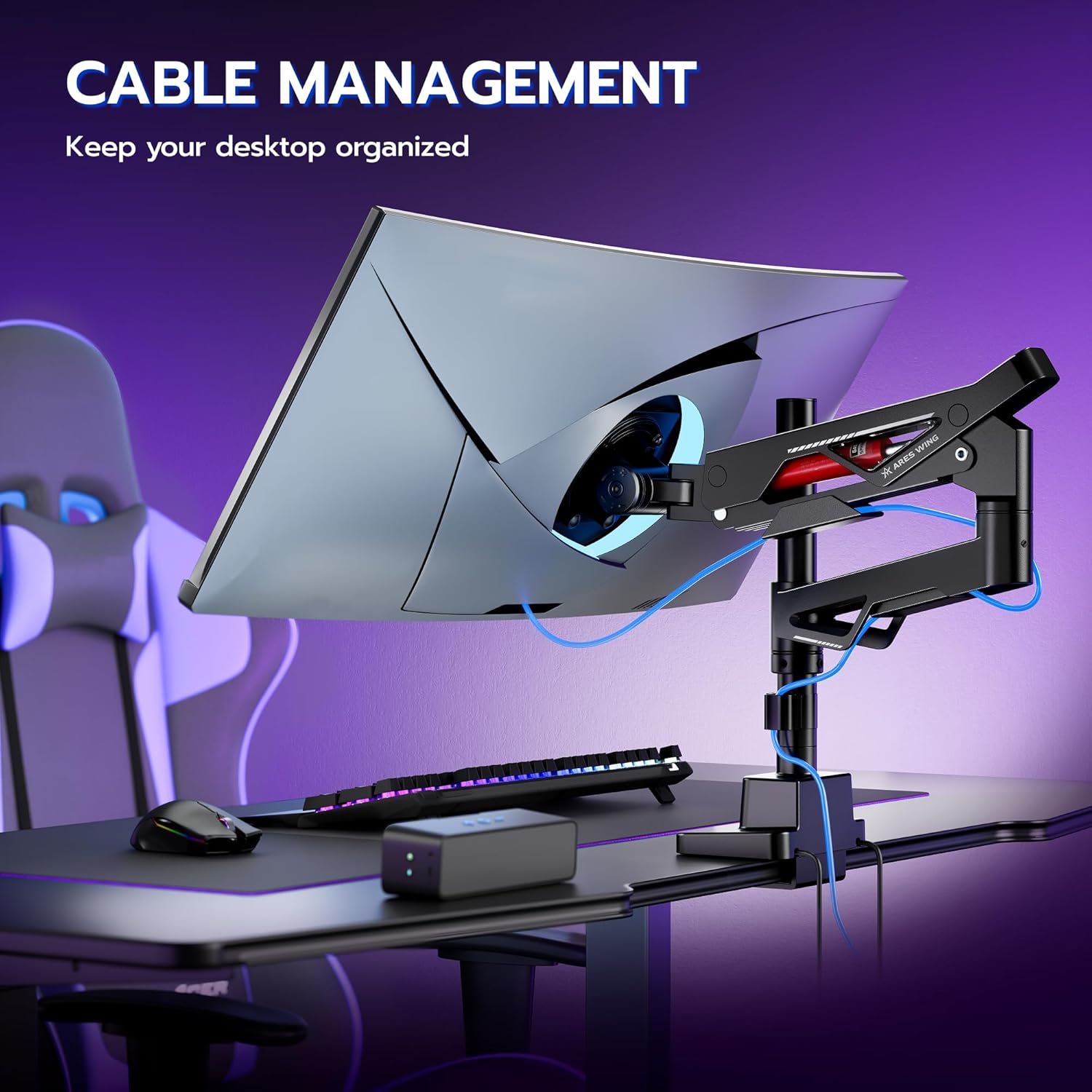 ARES WING Heavy Duty Monitor Arm, Ultrawide Monitor Stand up to 57“ and 66 Lbs, Gas Sprinq Monitor Mount with USB, Height Adjustable Arms Monitor Stand, Various VESA Mount with Clamp/Grommet Base