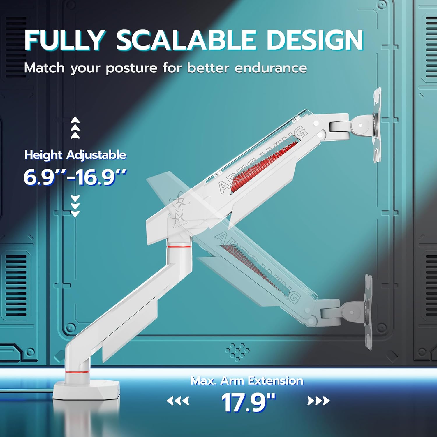 ARES WING Heavy Duty Single Monitor Arm, Fully Adjustable Single Monitor Mount for 17-40 Inch Flat Curved Ultrawide Screens Up to 26.5lbs with USB A/C, C-Clamp & Grommet Base, 75/100 Vesa Mount, White