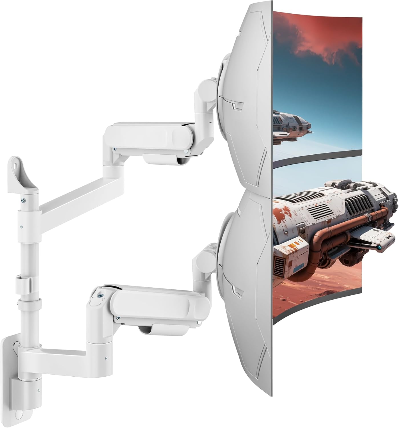 ARES WING Dual Monitor Wall Mount for 24-57 Inch Ultrawide Screens, Premium Heavy Duty Monitor Arm Holds 60 lbs, Full Motion Gas Spring, Bearing Head for Easy Adjustment, 75/100 VESA Mount, White