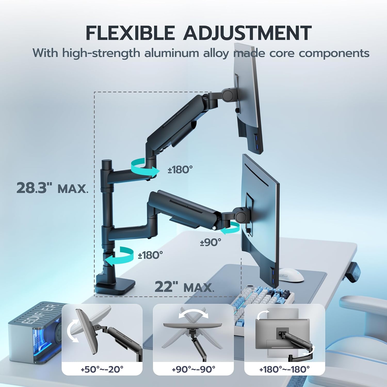ARES WING Dual Monitor Mount for 17-49 Inch Ultrawide Heavy Duty Curved Screen, Computer Monitor Arm Desk Mount, Gas Spring Adjustable Vesa Stand, Black