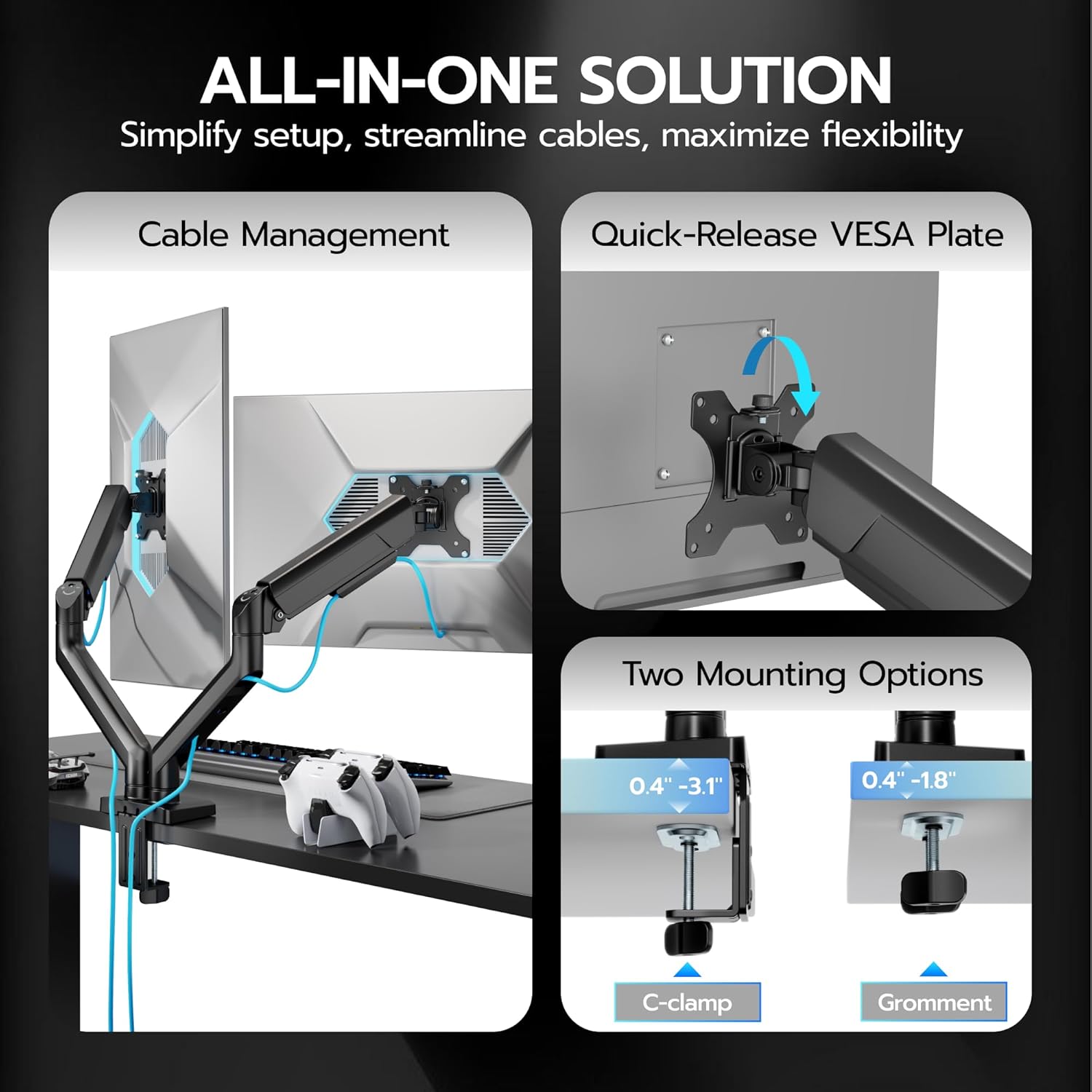 ARES WING Dual Monitor Mount, Heavy Duty Monitor Arms for 2 Monitors for 17-35 inch, Fully Adjustable Monitor Desk Stand with USB A/C for Ultrawide Screen, VESA 75x75 or 100x100mm, Black