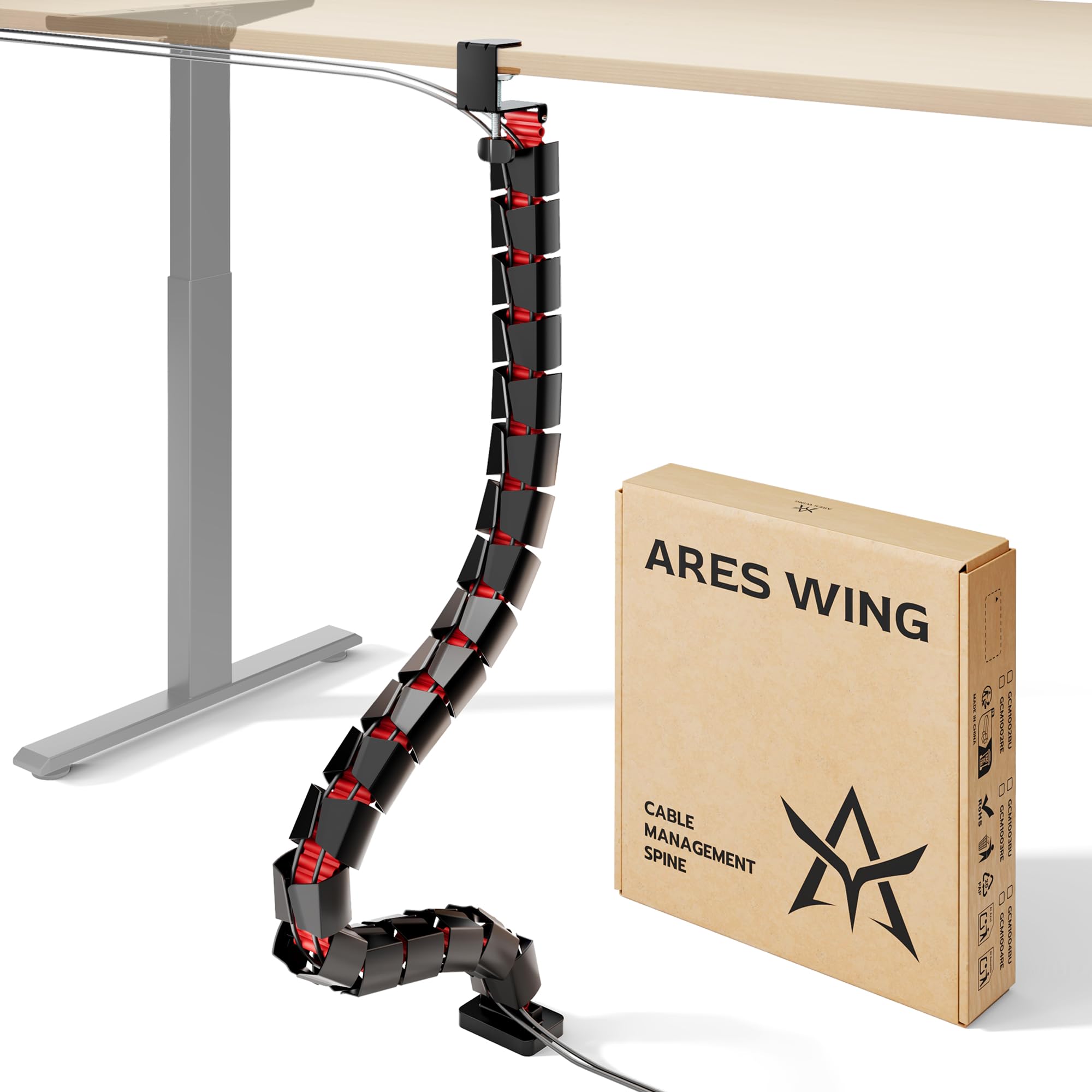 ARES WING Under Desk Cable Management Spine, Magnetic Vertebrae Cable Management for Standing Desk, Length Adjustable Cord Organizer with 20 Modular Vertebrae for Office and Gaming Desks, Red