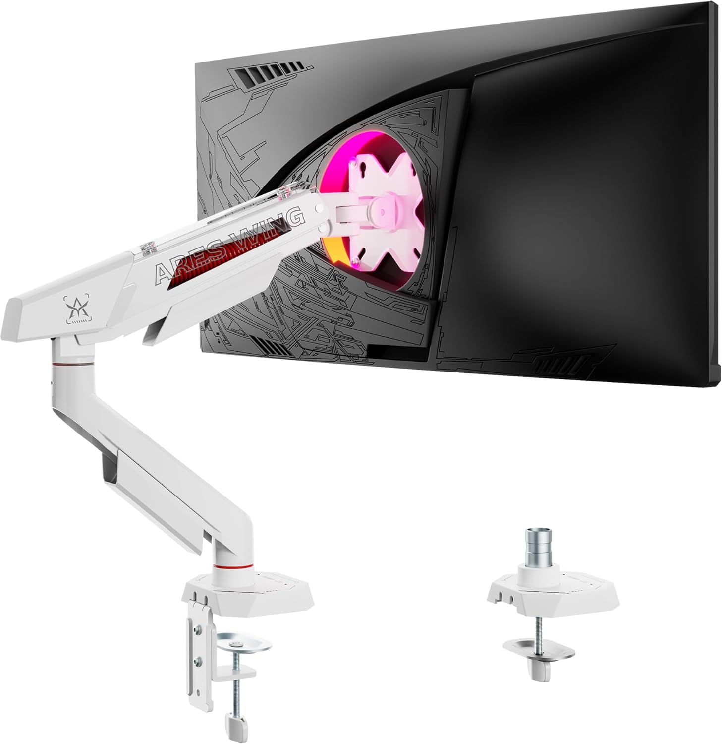 ARES WING Single Monitor Arm for 17-40 Inch Flat Curved Ultrawide Screens Up to 26.5lbs, Fully Adjustable Single Monitor Mount, C-Clamp & Grommet Base, 75/100 Vesa Mount, White