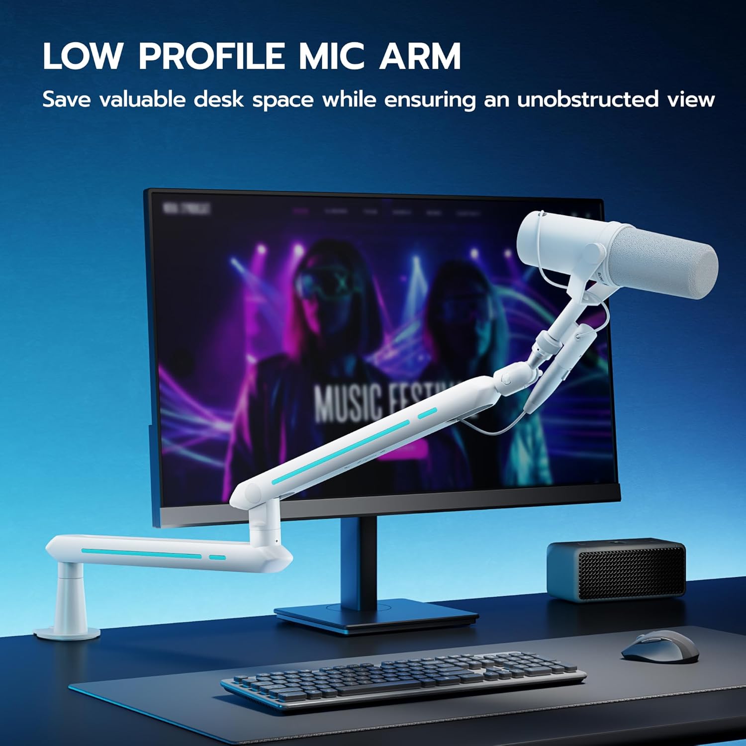 ARES WING Aluminum Low Profile Mic Arm with 4.4 lbs Load Capacity, Adjustable Microphone Boom Arm with 3/8” to 5/8” Screw Adapter, Desk Mount Mic Stand for Gaming Streaming Podcasting, White