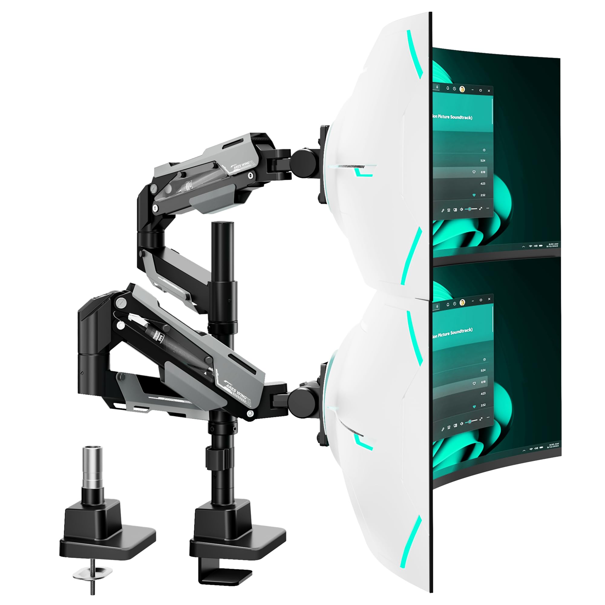 ARES WING Vertical Dual Monitor Mount - 24-57" Aluminum Heavy Duty Monitor Arms for 2 Monitors, Fully Adjustable Gas Spring Stacked Monitor Stand with 75/100/200 Vesa Mount, White